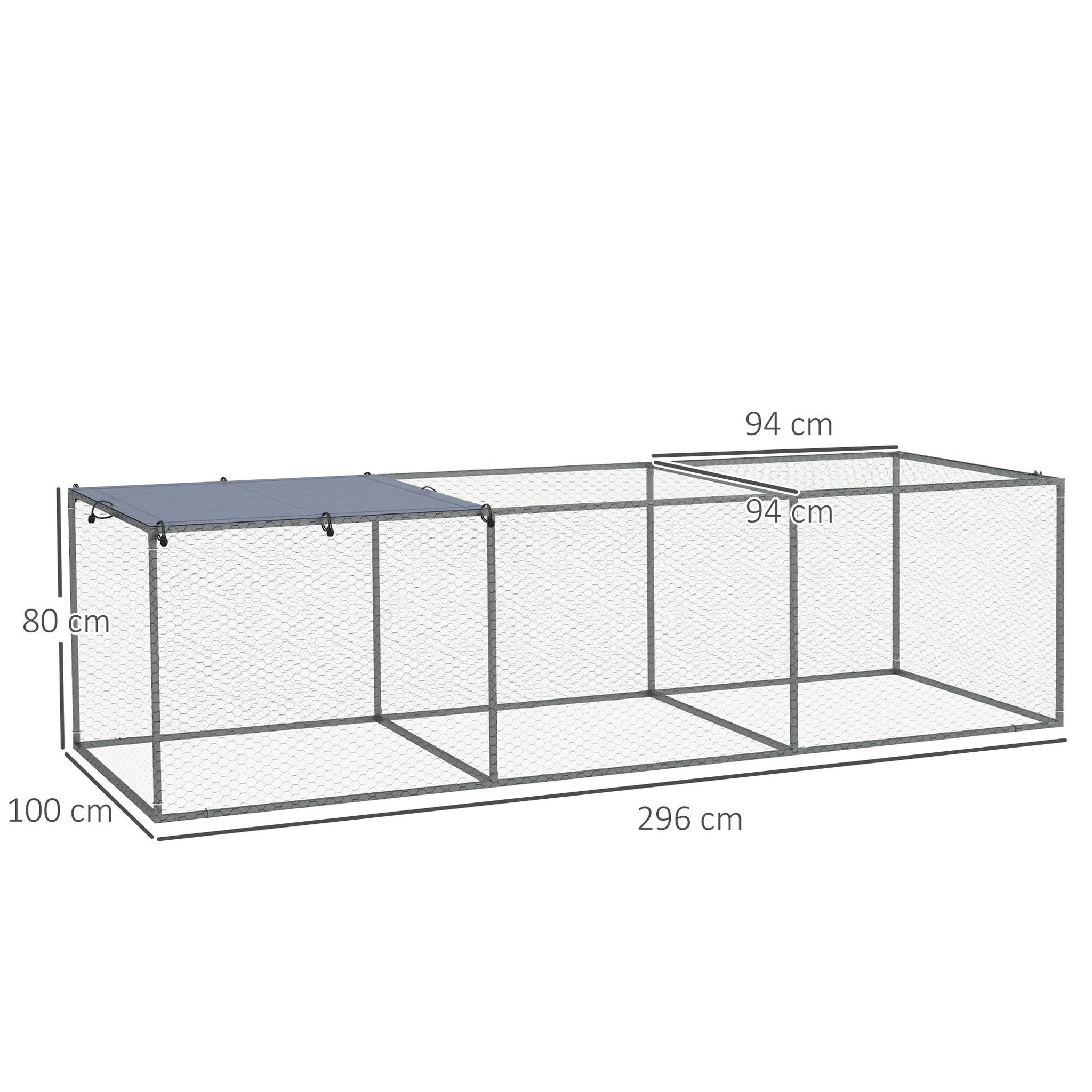 Voir la diapositive 3 : PAWHUT Cage parc enclos poulailler dim. 2,96L x 1l x 0,8H m - espace couvert - ouverture toit verrouillable - acier gris vert