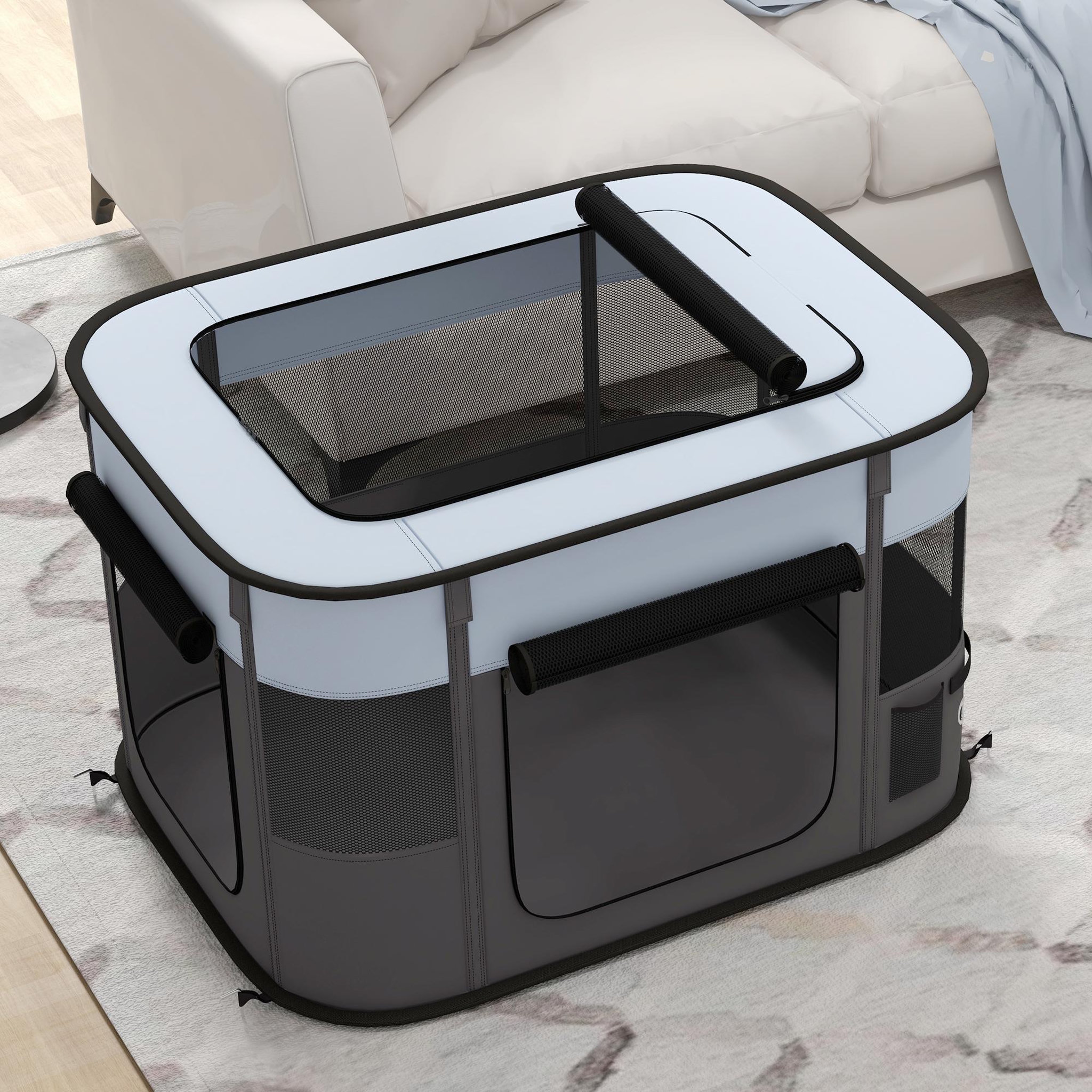 Voir la diapositive 4 : PAWHUT Parc pliable pour chien en tissu oxford - fenêtres, portes en maille - sac de rangement - gris noir