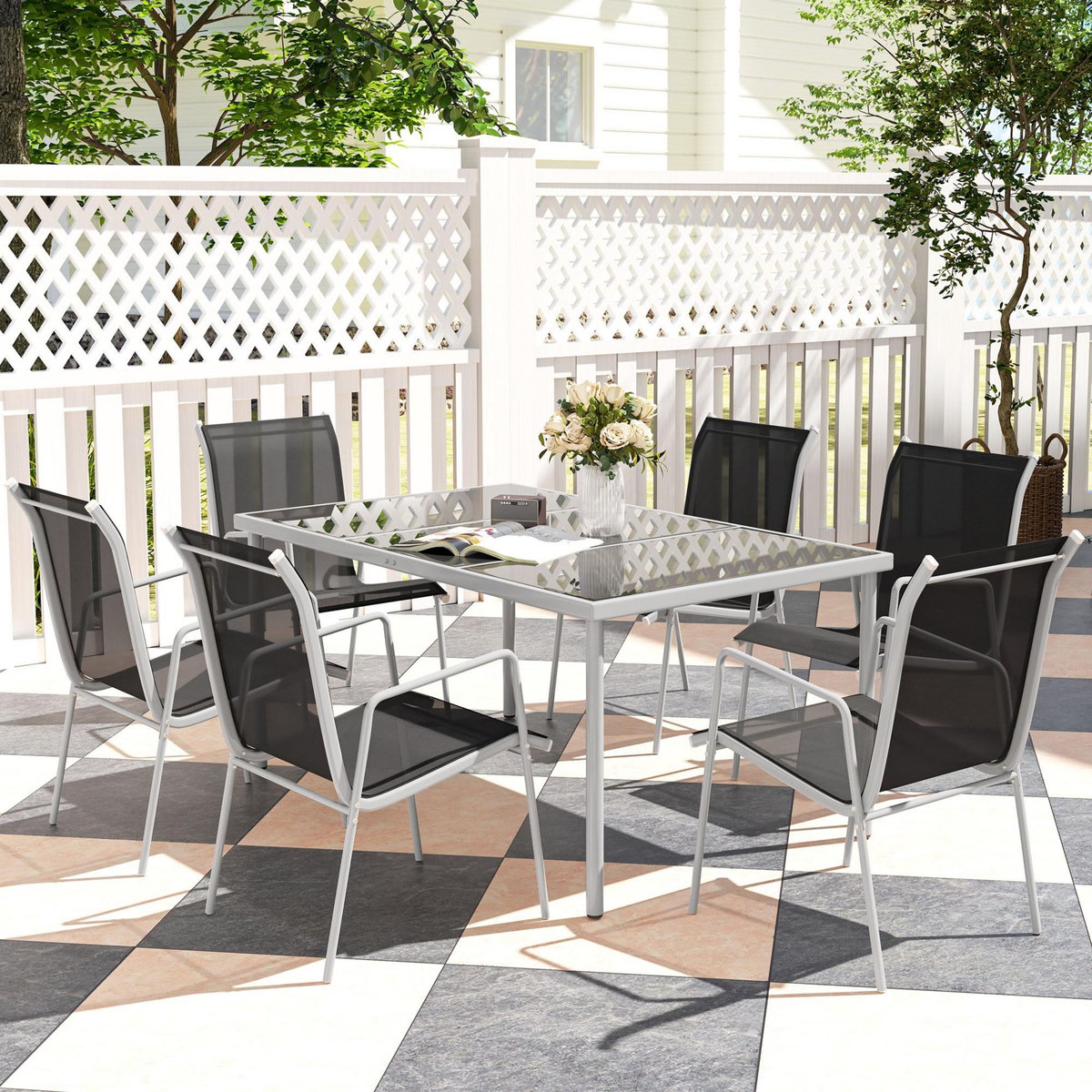 OUTSUNNY Ensemble de jardin 6 pers. 6 chaises empilables table plateau verre trempé 5 mm métal époxy gris textilène noir