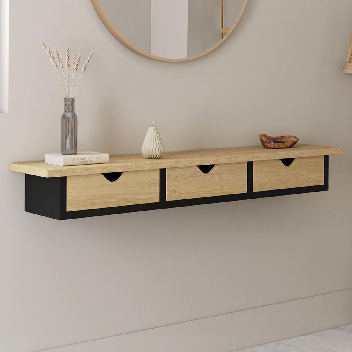 ID MARKET Etagère murale console d'entrée LISE 3 tiroirs effet bois et noir
