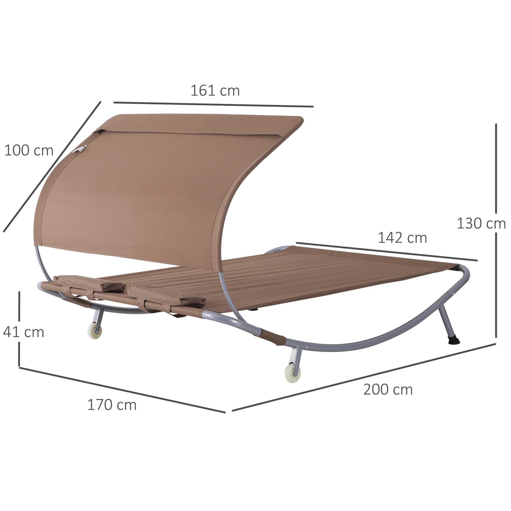 Voir la diapositive 3 : OUTSUNNY Bain de soleil 2 places lit de jardin design contemporain toit réglable 2 roulettes 2 oreillers acier époxy polyester marron