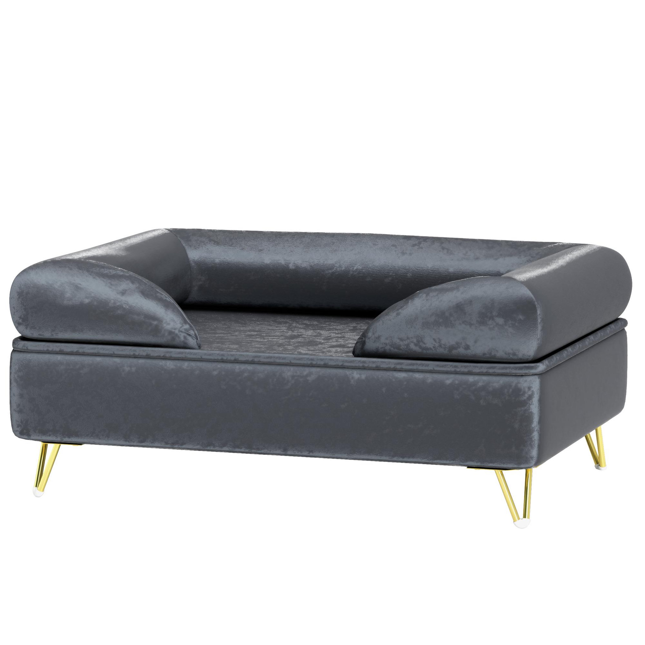 Voir la diapositive 1 : PAWHUT Canapé pour chien design - dim. 76l x 53,5l x 34h cm - piètement épingle métal doré velours gris