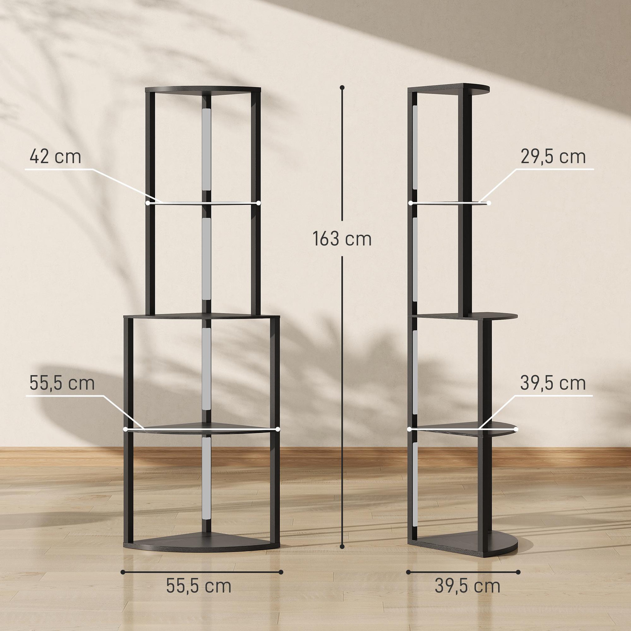 Voir la diapositive 3 : HOMCOM Lampadaire étagère led d'angle réglable - lampe étagère 4 niveaux design h.163cm - mdf noir