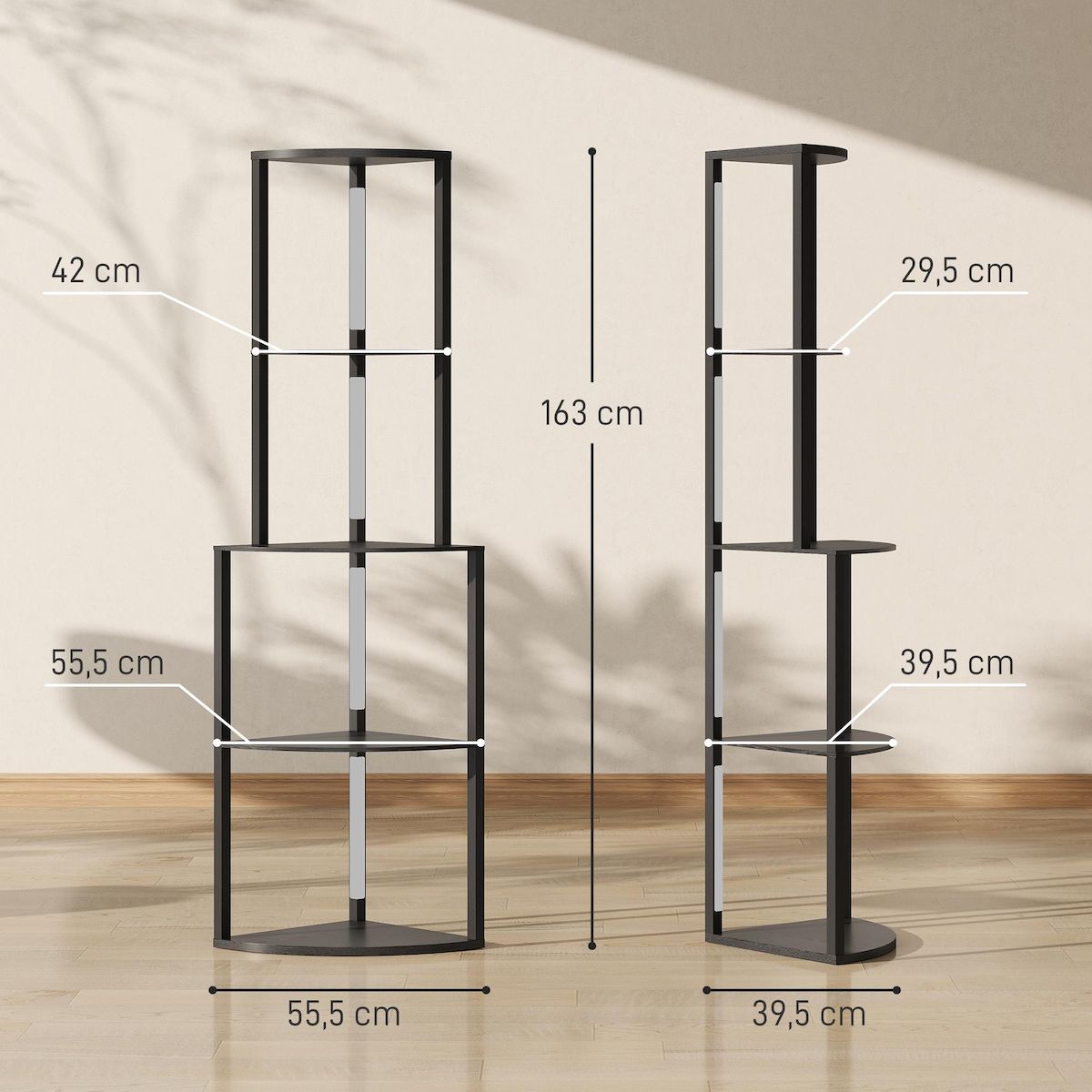 HOMCOM Lampadaire étagère LED d'angle réglable - lampe étagère 4 niveaux design H.163cm - MDF noir