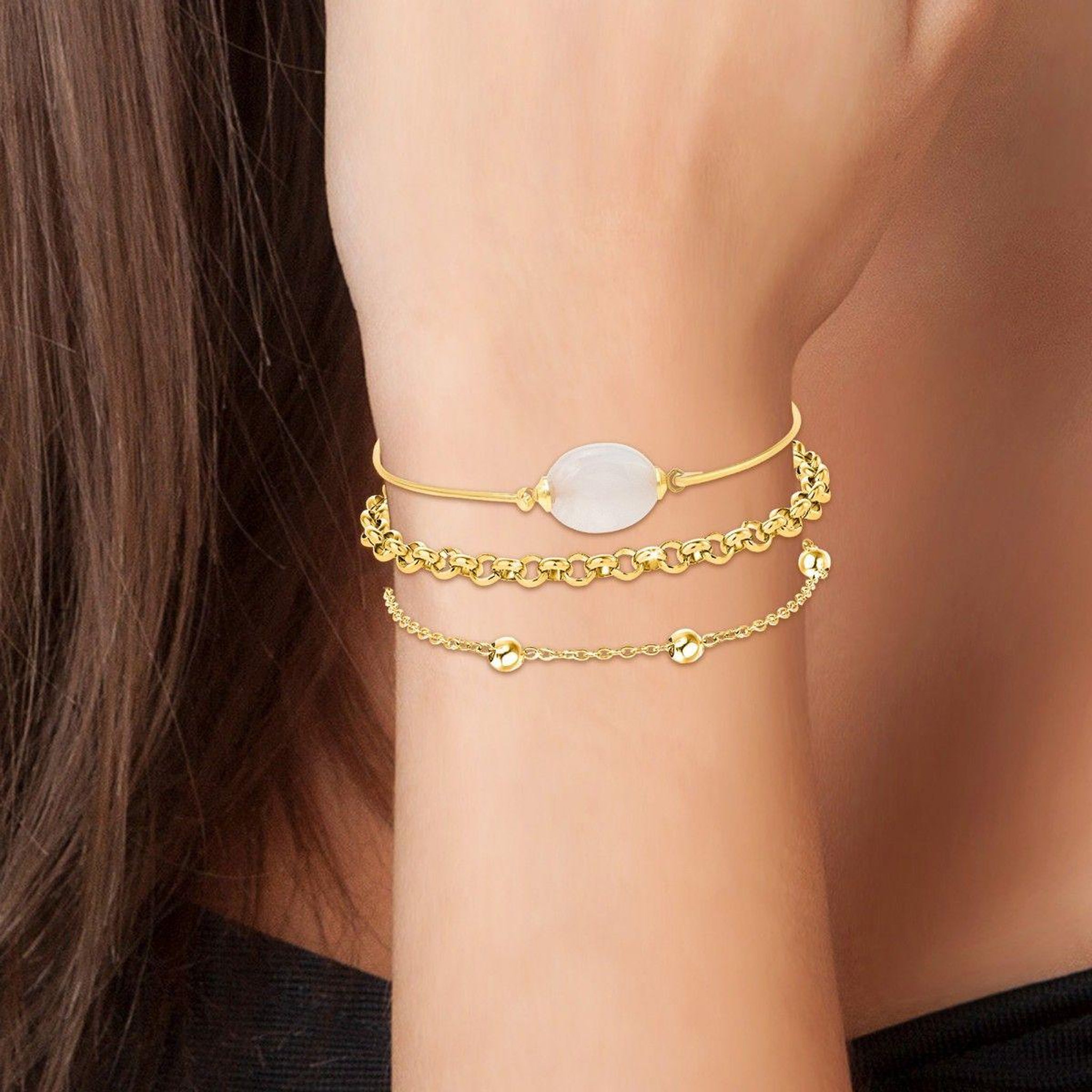 Voir la diapositive 2 : SC BOHEME Lot de 3 bracelets SC Bohème en Laiton Finement doré orné d'un quartz rose