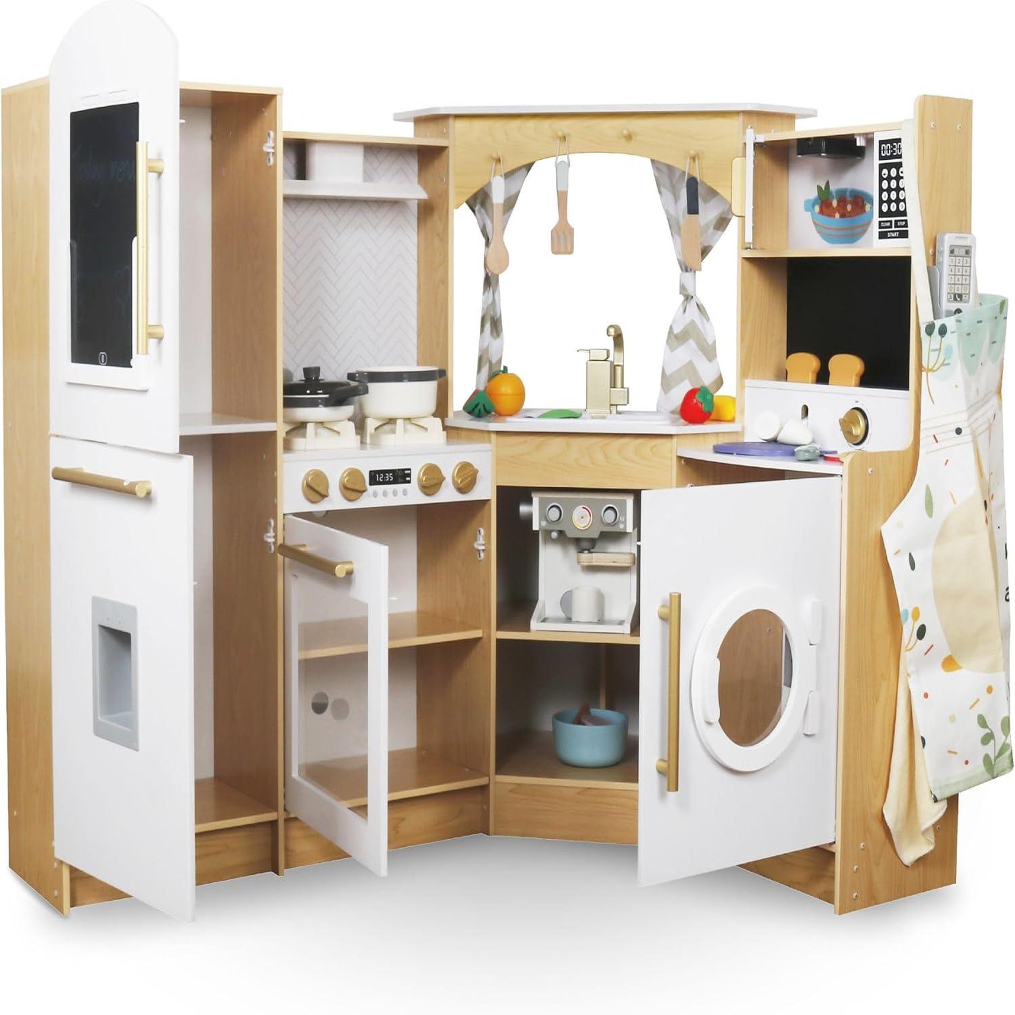 MAMABRUM Grande Cuisine Enfant en Bois XXXL Interactive avec LED, Cafetière et 50 Accessoires, dès 3 Ans