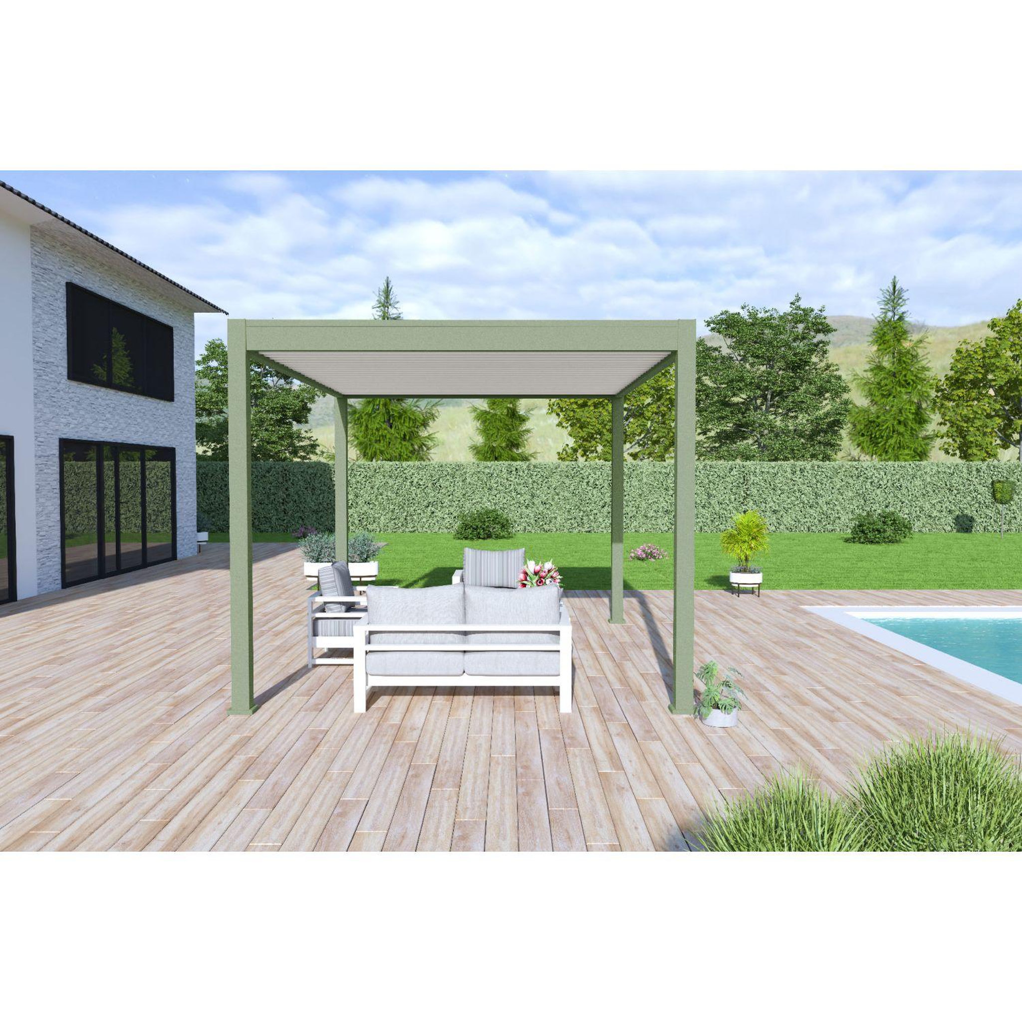 Voir la diapositive 4 : Pergola Bioclimatique autoportée 3x4 m - Aluminium - Vert jade/blanc - VS OmBREA®