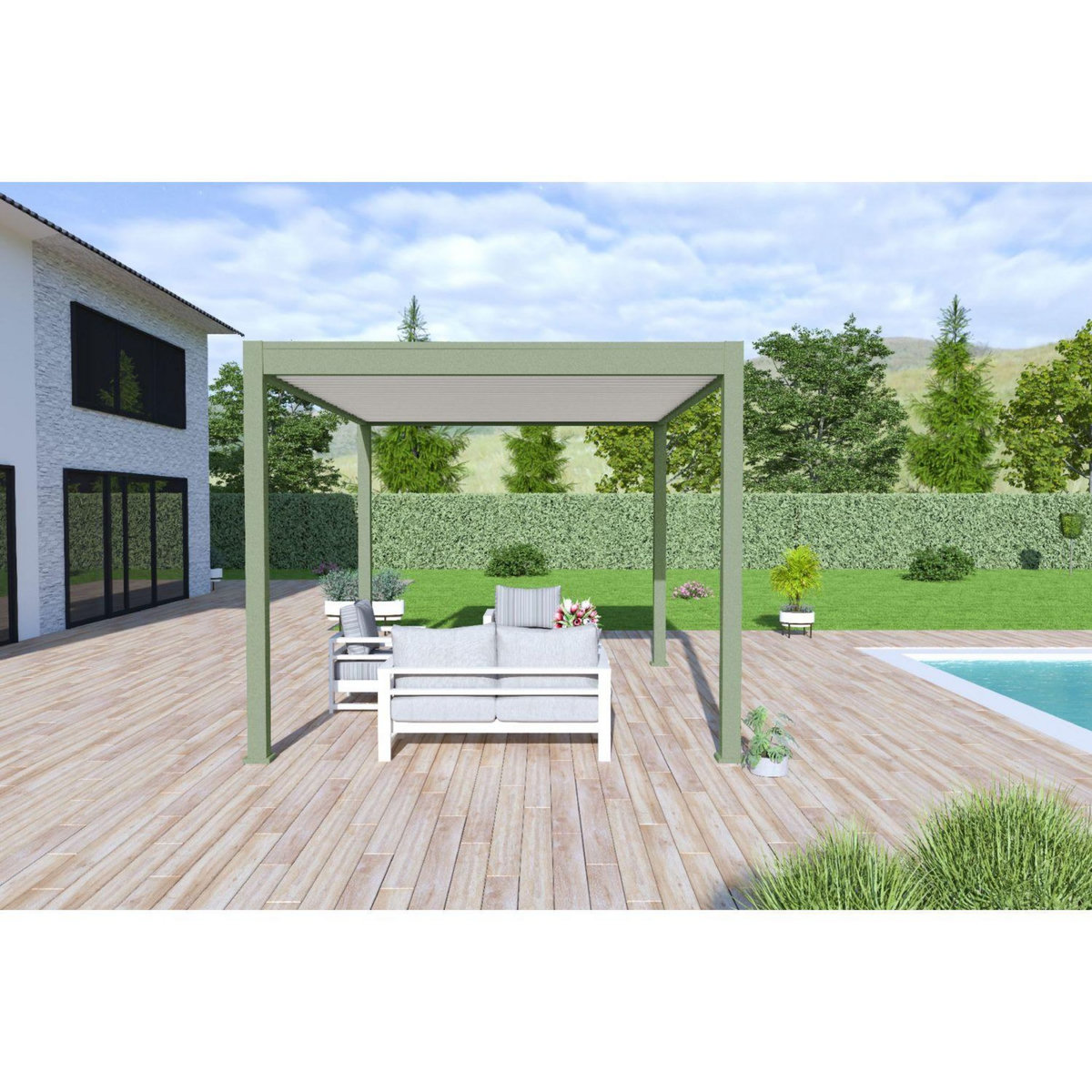 Pergola Bioclimatique autoportée 3x4 m - Aluminium - Vert jade/blanc - VS OmBREA®