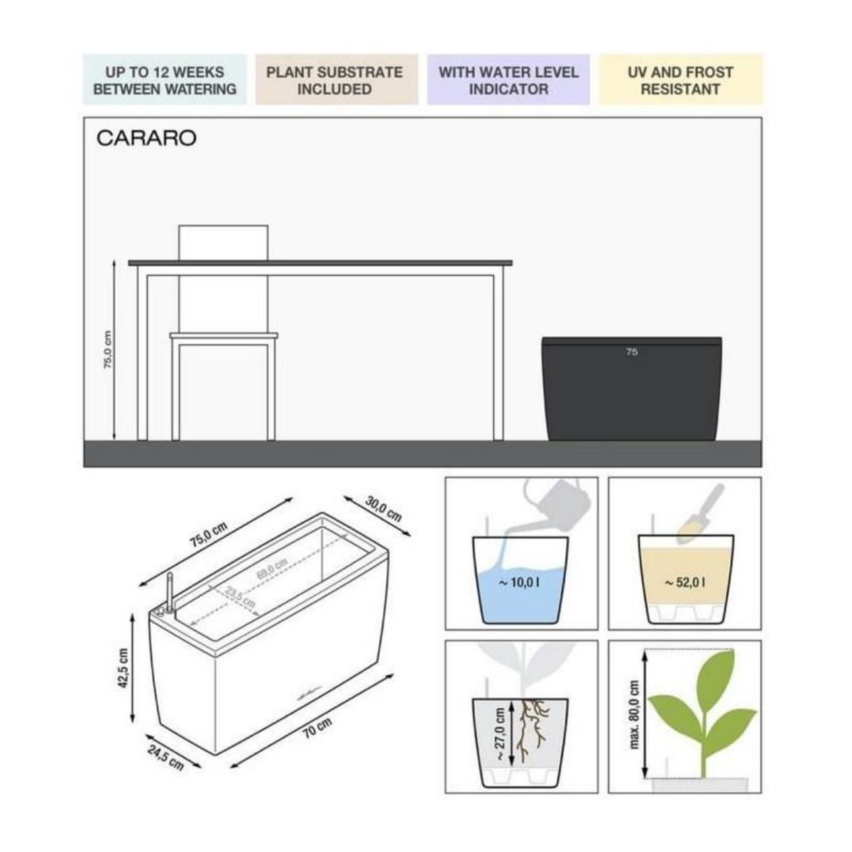 LECHUZA Cararo Premium - kit complet, blanc brillant 75 cm