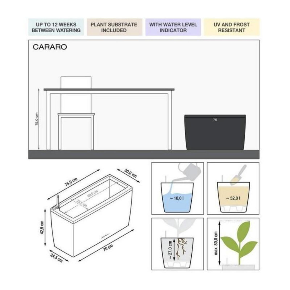 LECHUZA Cararo Premium - kit complet, blanc brillant 75 cm