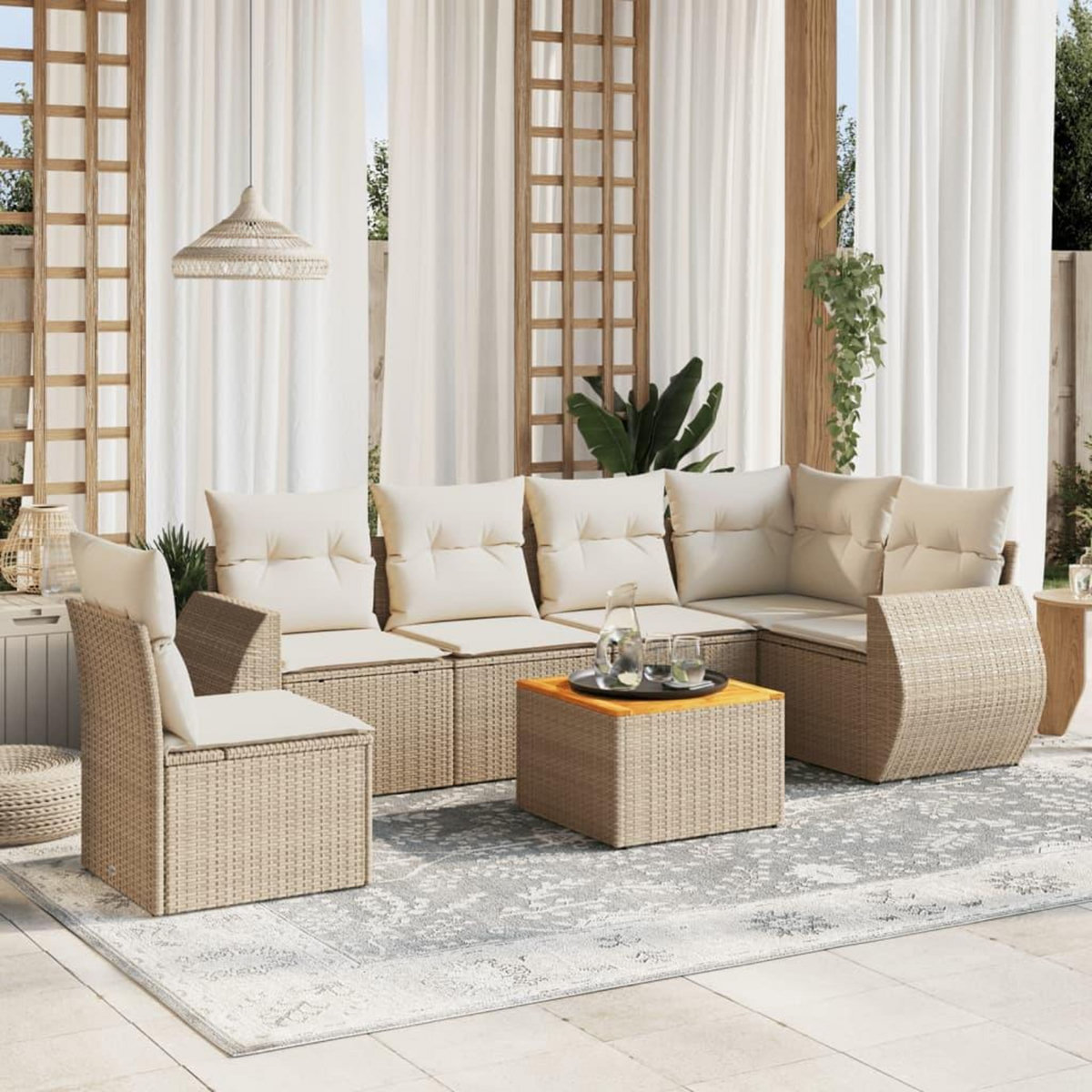 VIDAXL Salon de jardin avec coussins 7 pcs beige resine tressee