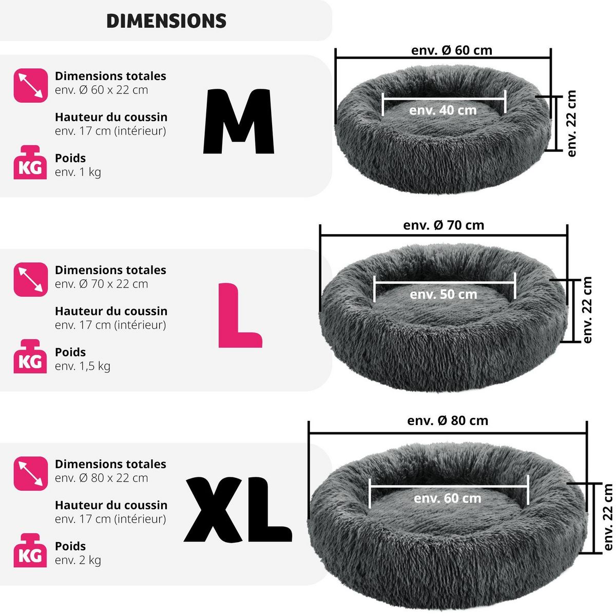 tectake Panier pour chien rond avec maille peluche longue gris Ø 70 cm