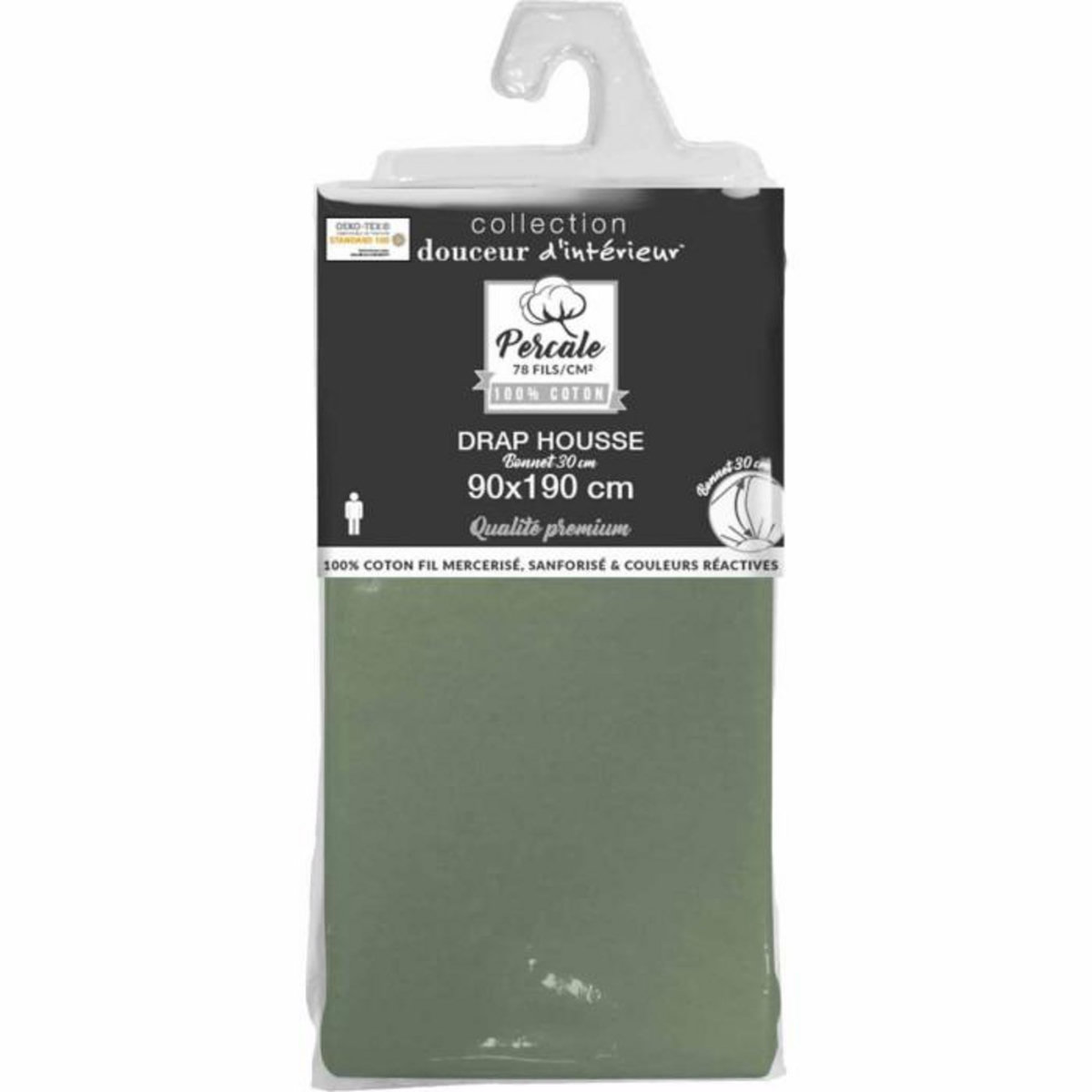 Paris Prix Drap Housse  Percaline  90x190cm Kaki