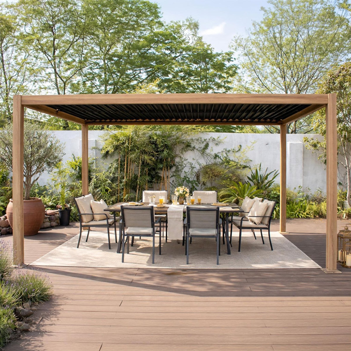 CONCEPT USINE Pergola bioclimatique structure et lames orientables en aluminium effet bois 4x3m RHODES