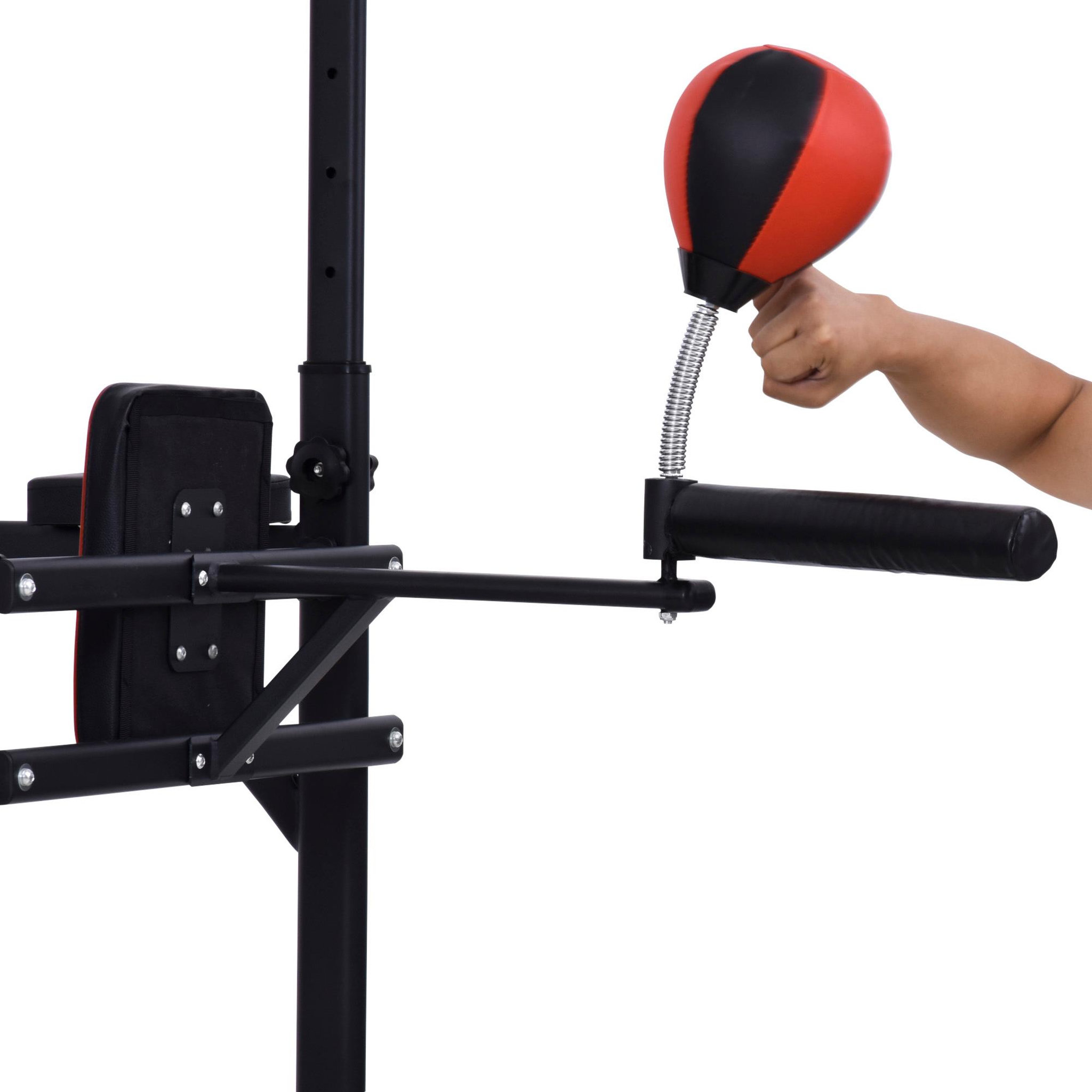 Voir la diapositive 4 : HOMCOM Station de traction musculation multifonctions punching ball chaise romaine hauteur réglable acier noir rouge