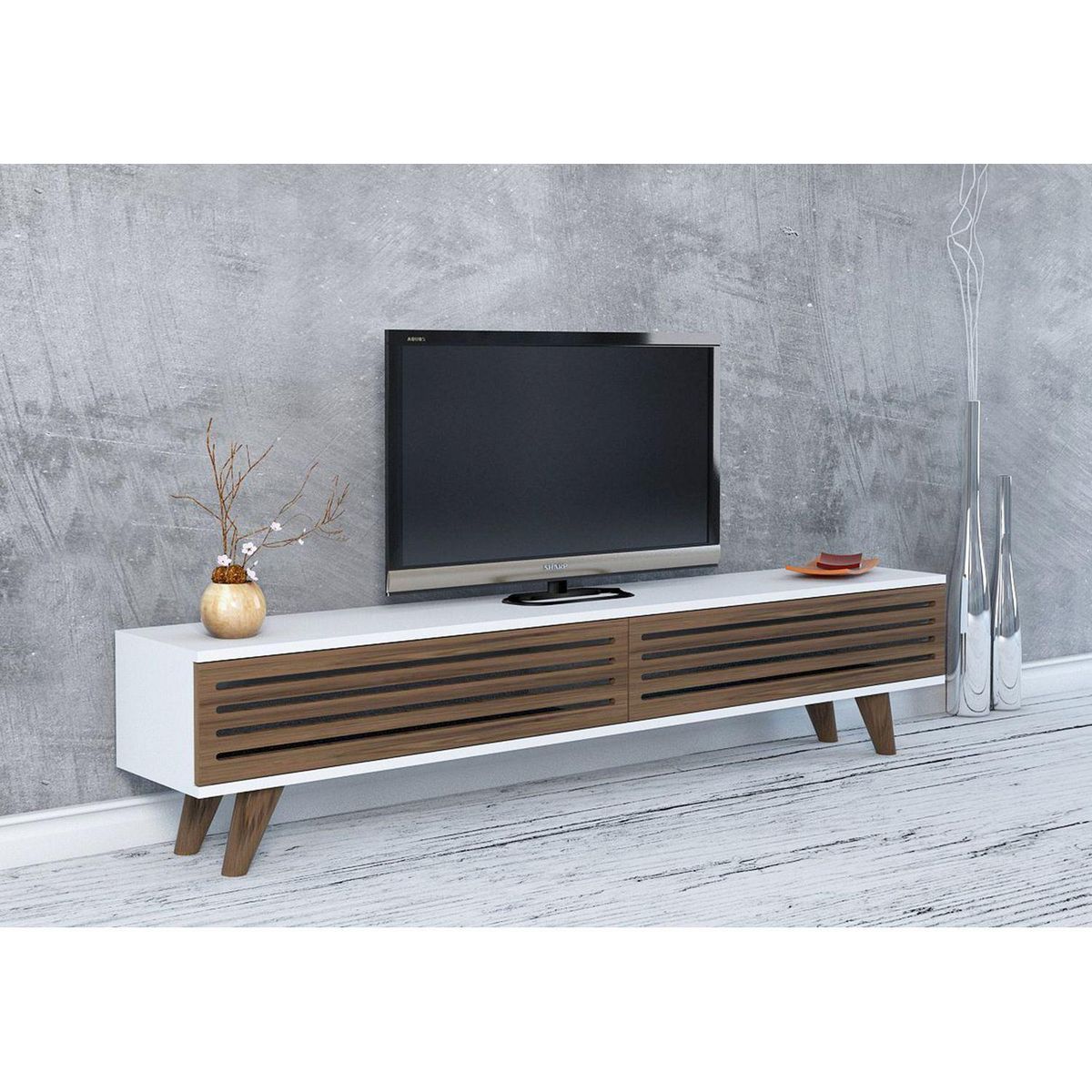 TOILINUX Meuble TV design lattes Hill - L. 160 x H. 35 cm - Marron