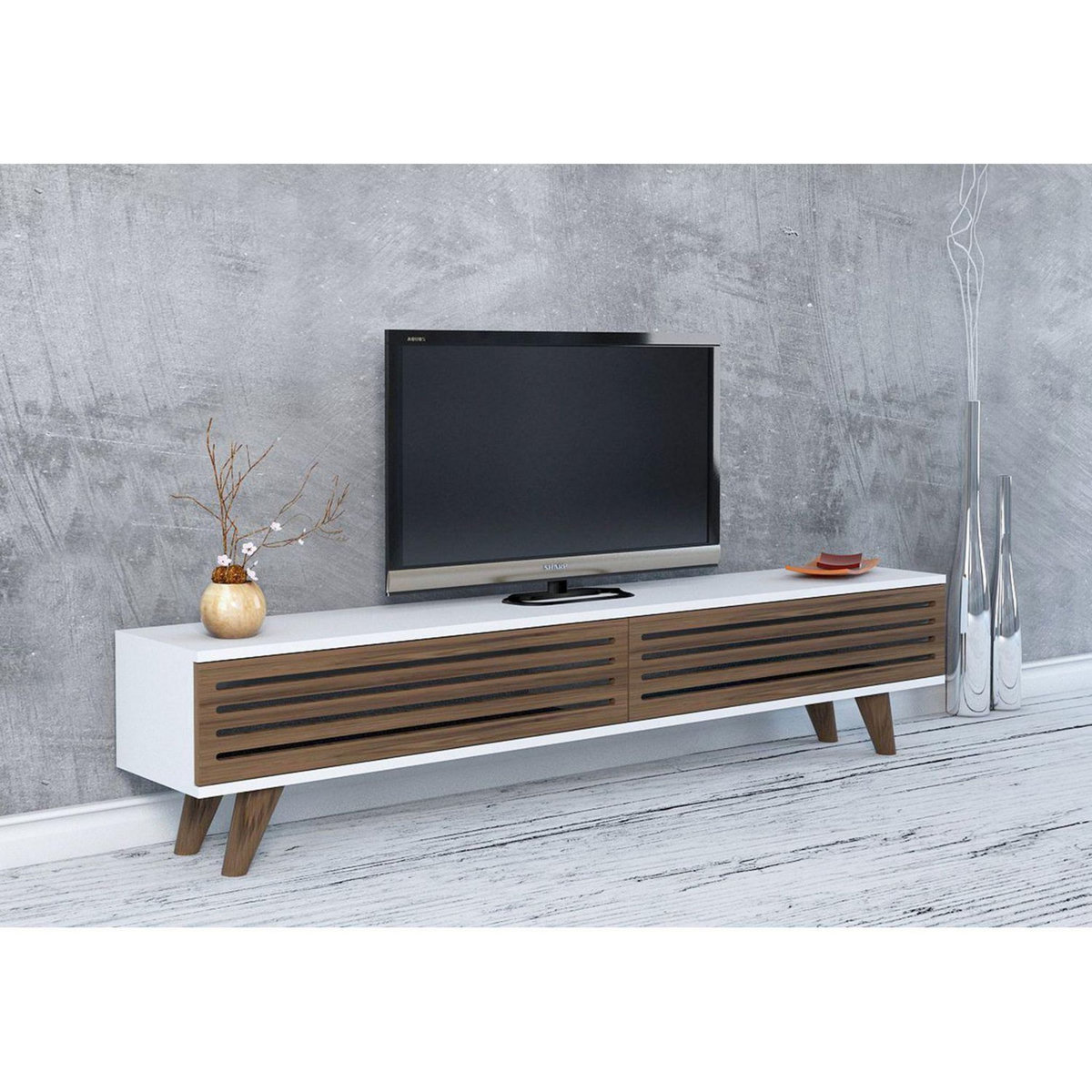 TOILINUX Meuble TV design lattes Hill - L. 160 x H. 35 cm - Marron