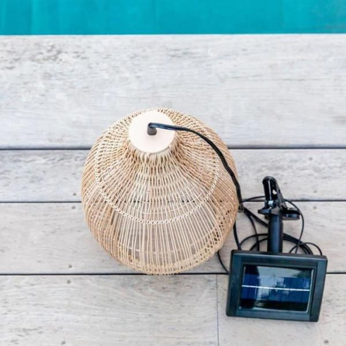 Lumisky Suspension solaire bohème naturel style vannerie tressée LED blanc chaud HOLIDAY H 42 cm