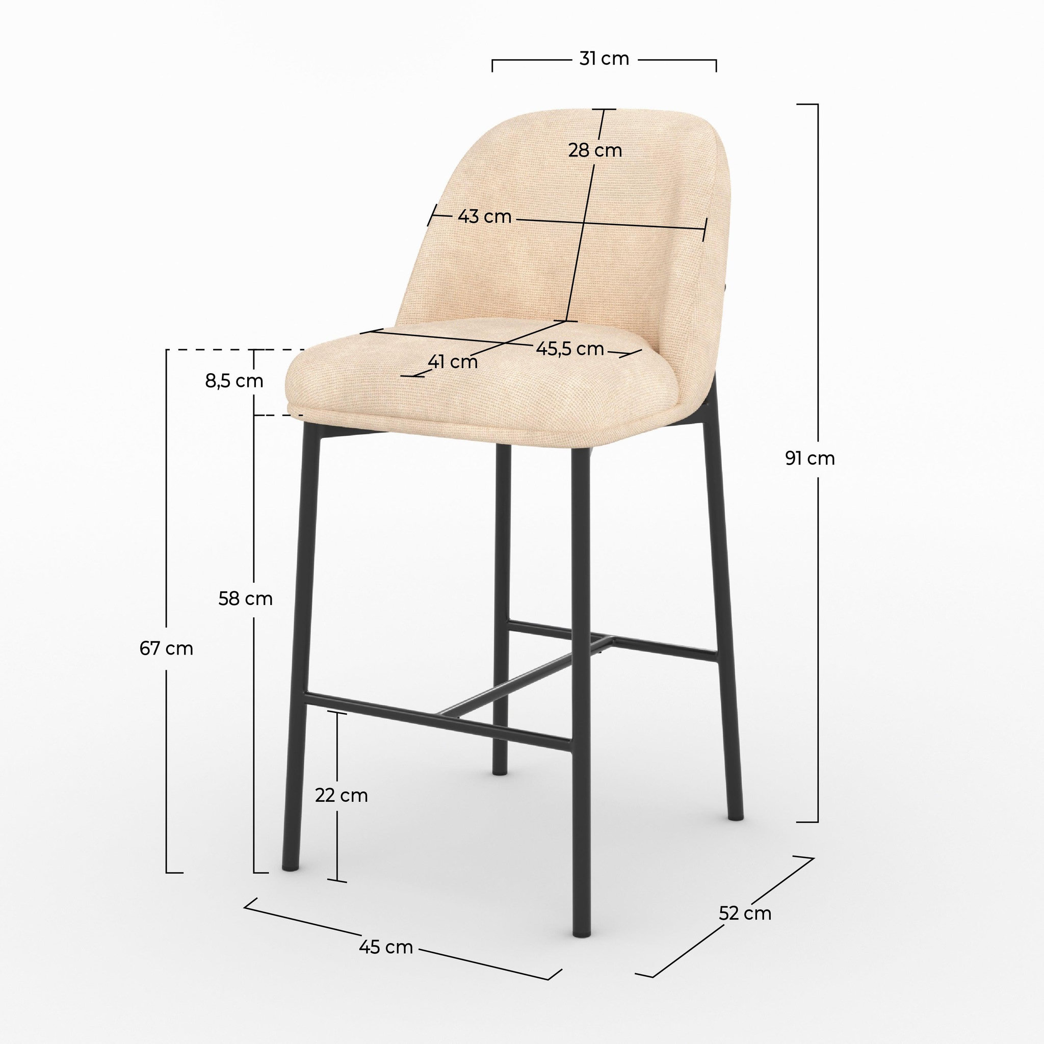 Voir la diapositive 4 : MAISON PAVANE Lot de 2 chaises pour îlot central 67 cm en tissu beige-noah