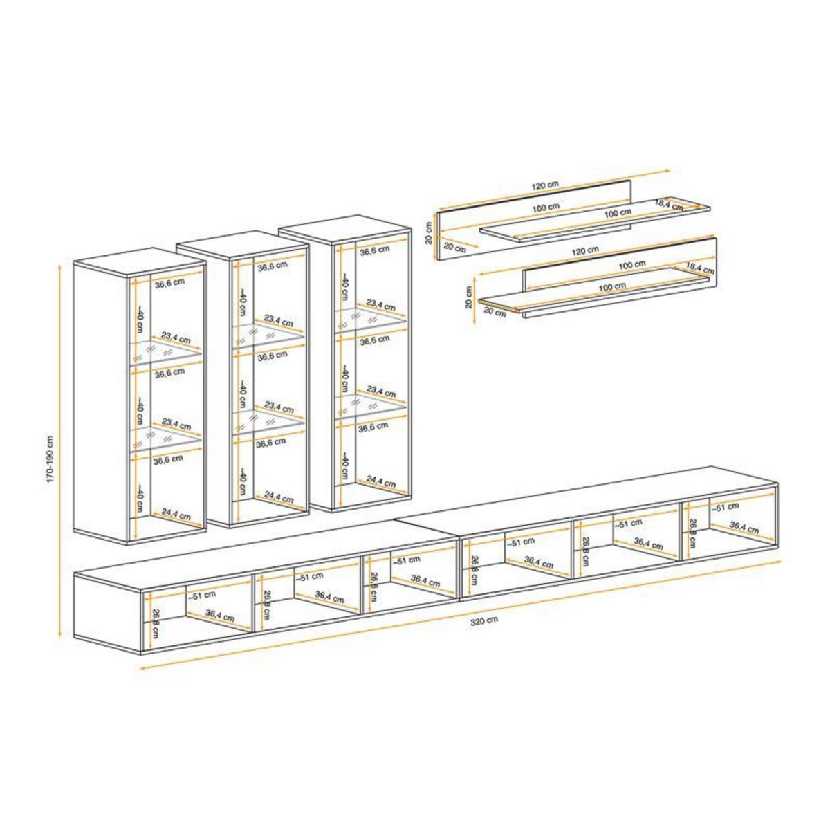 Paris Prix Meuble TV Mural Design  Fly III  320cm Noir