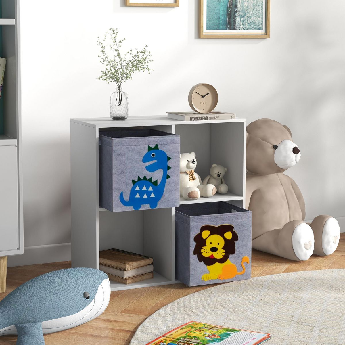 HOMCOM Meuble de rangement jouets enfant étagère de jouet pour chambre d'enfant 4 casiers 2 tiroirs non tissé MDF blanc
