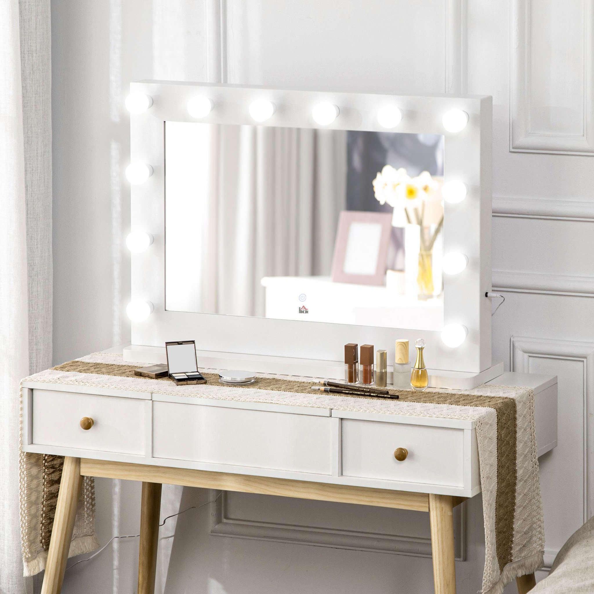 Voir la diapositive 6 : HOMCOM Miroir maquillage hollywood lumineux led tactile - 12 led, luminosité réglable, fonction mémoire - métal mdf blanc verre