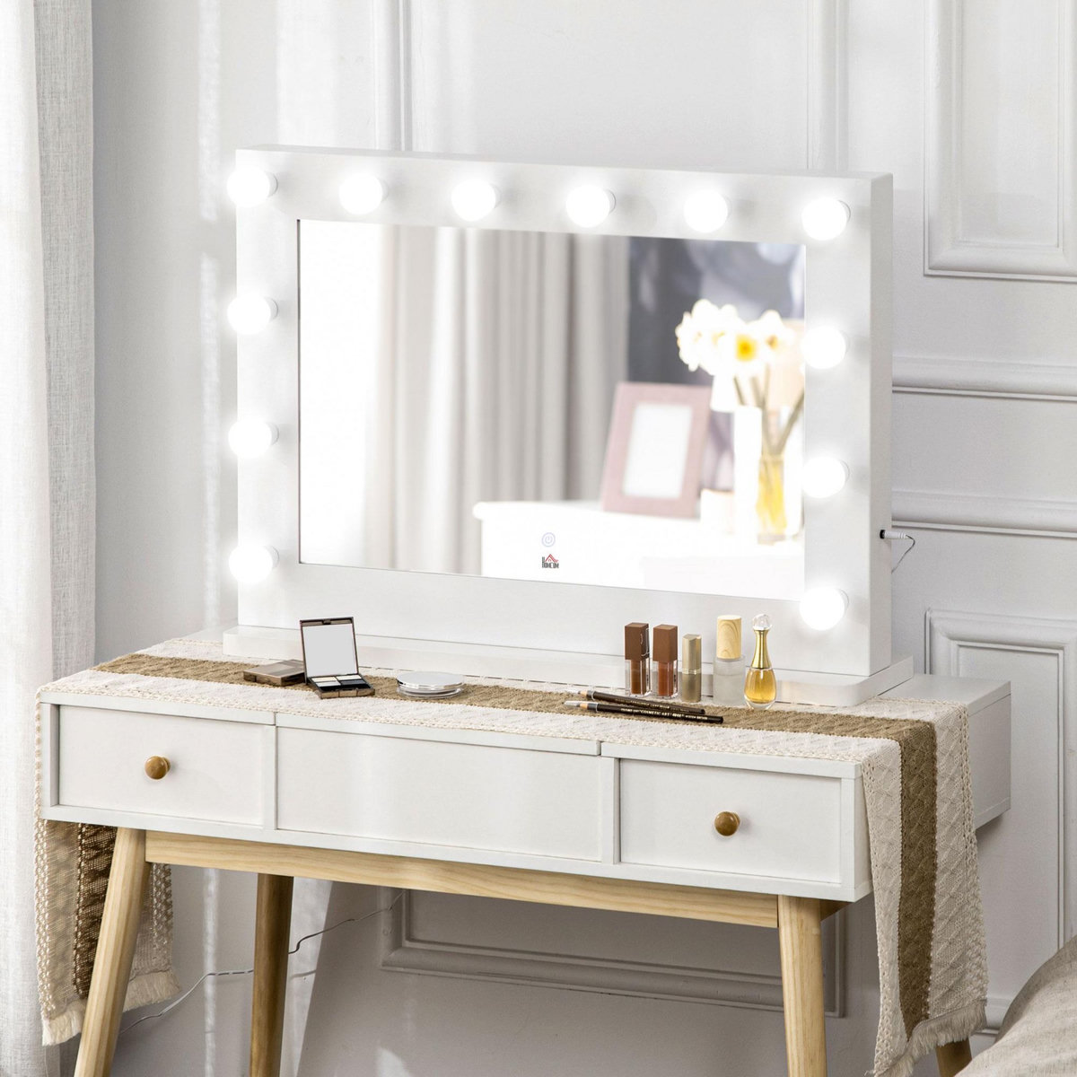 HOMCOM Miroir maquillage Hollywood lumineux LED tactile - 12 LED, luminosité réglable, fonction mémoire - métal MDF blanc verre