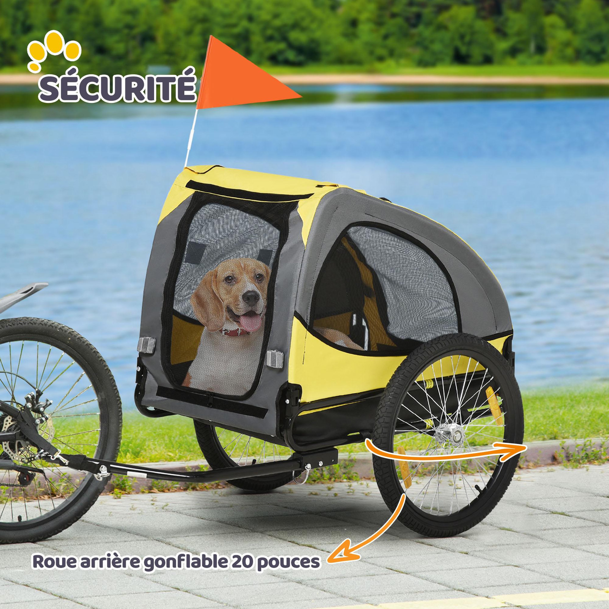 Voir la diapositive 5 : PAWHUT Remorque vélo pour chien 20 kg pliable barre attelage fixation réflecteurs drapeau jaune