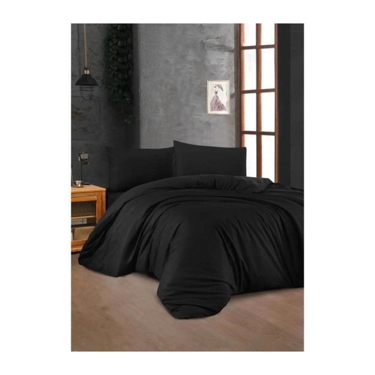 GENERIQUE Parure de lit - 1 housse de couette 220 x 240 cm + 2 taies d'oreiller 60 x 60 cm - 100% coton renforcé - Noir