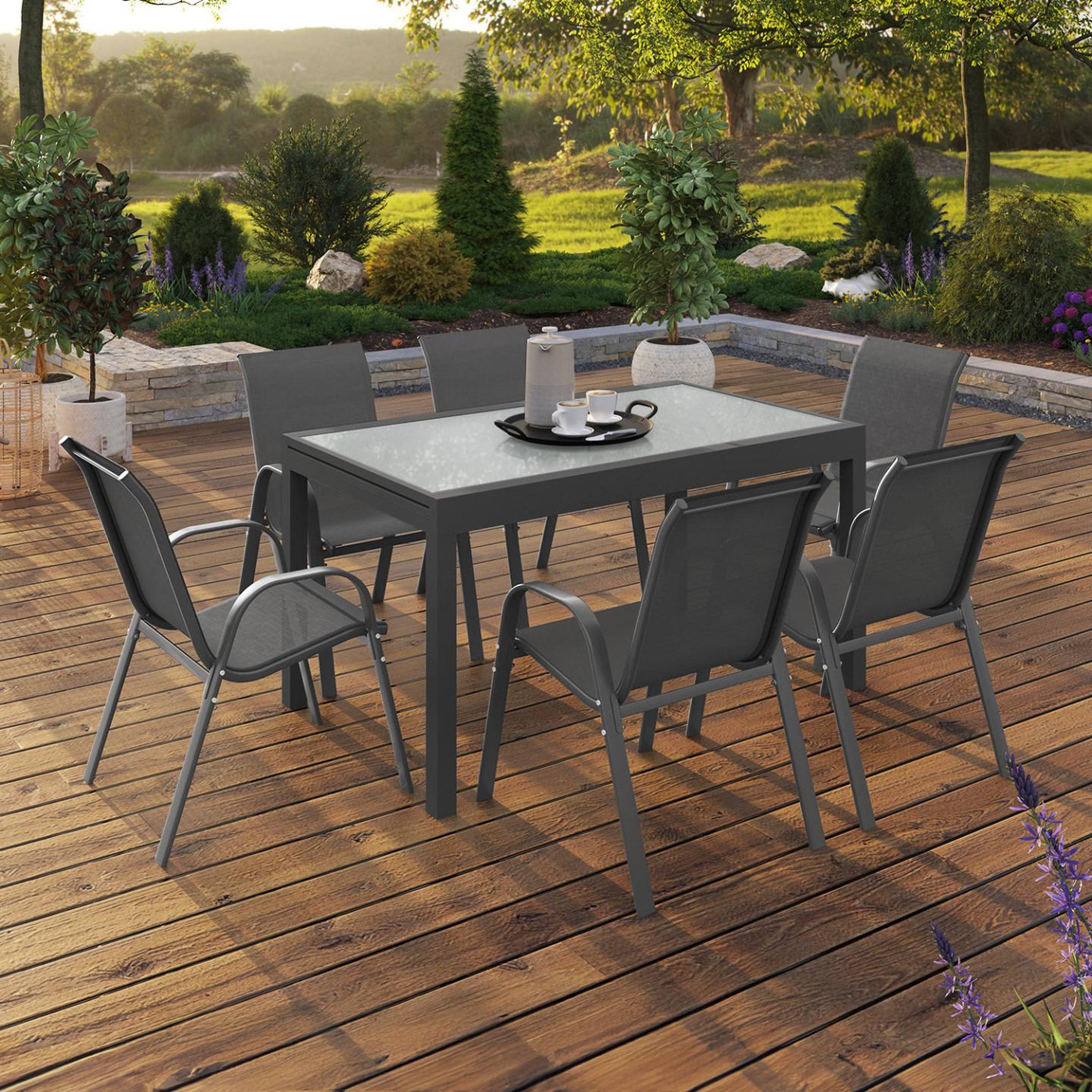 Voir la diapositive 4 : ID MARKET Salon de jardin madrid table extensible 135-270 cm et 12 chaises empilables gris anthracite