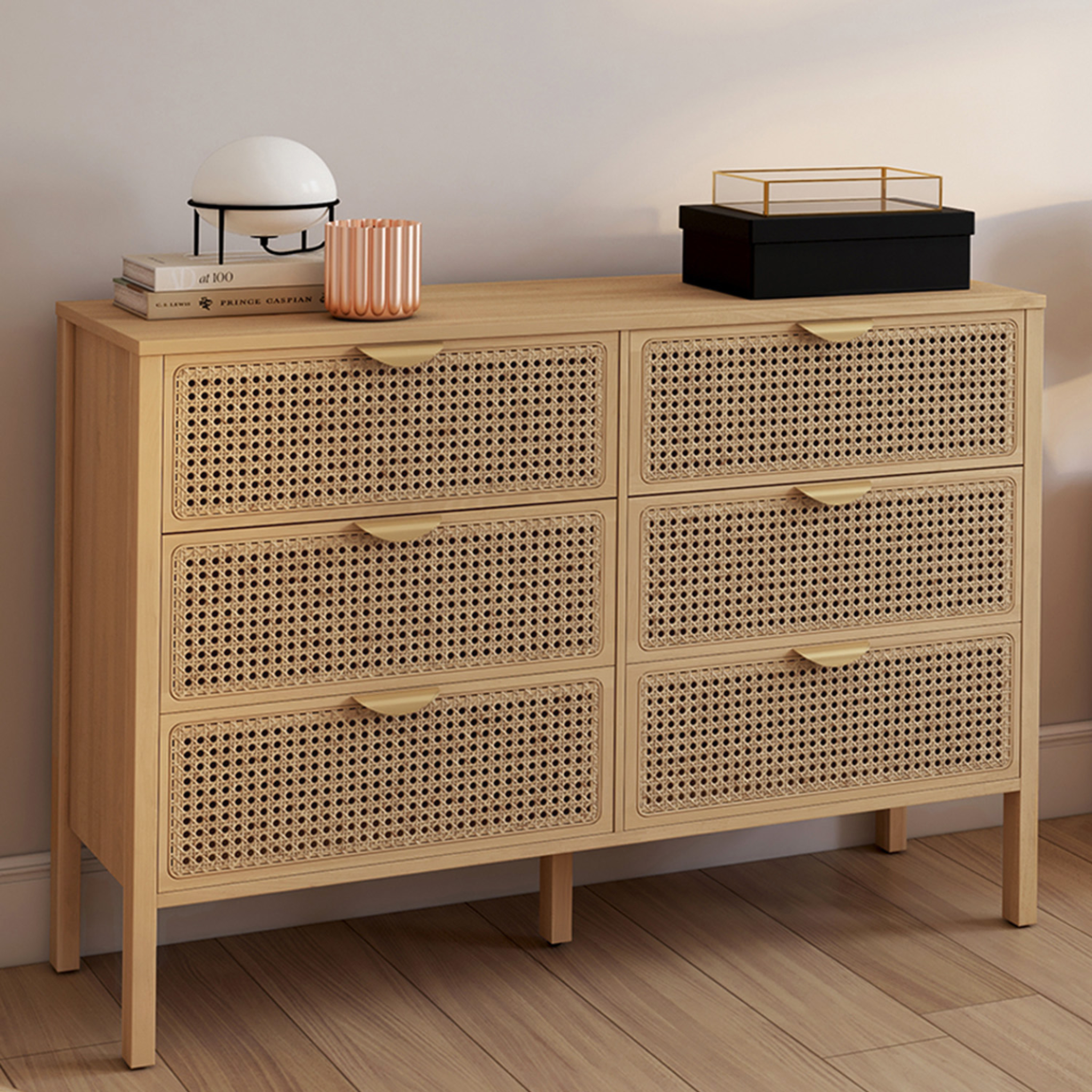 Voir la diapositive 2 : ID MARKET Commode 6 tiroirs edhen 115 cm bois et cannage
