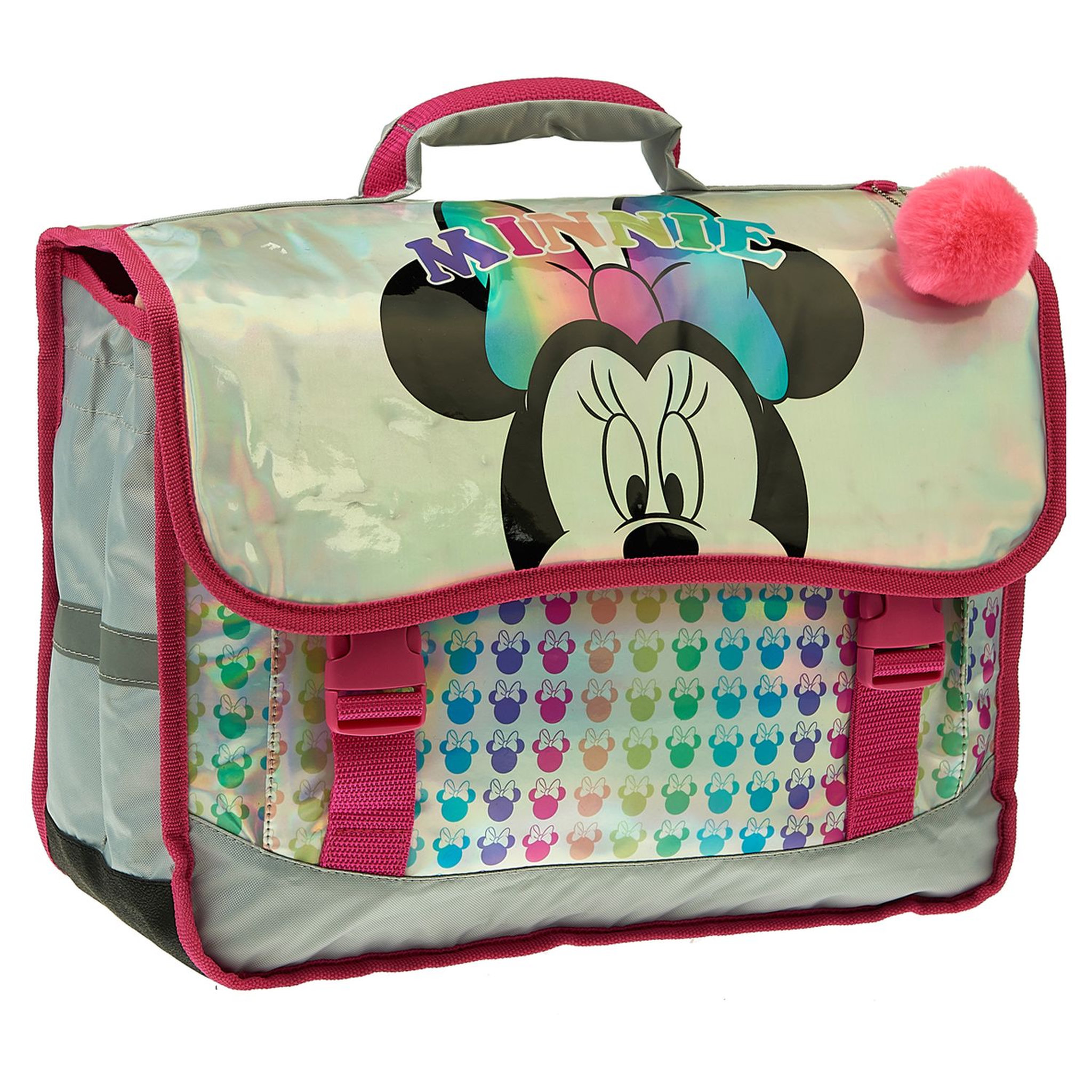 Voir la diapositive 1 : DISNEY Cartable 38 cm avec pompon polyester argent imprimé têtes MINNIE DISNEY