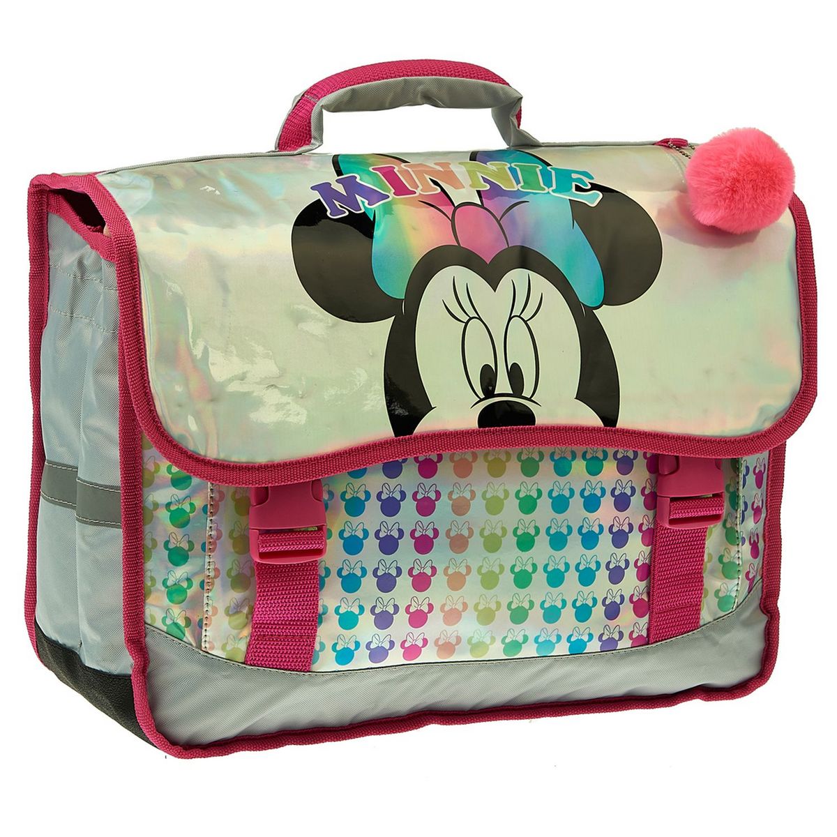 DISNEY Cartable 38 cm avec pompon polyester argent imprimé têtes MINNIE DISNEY