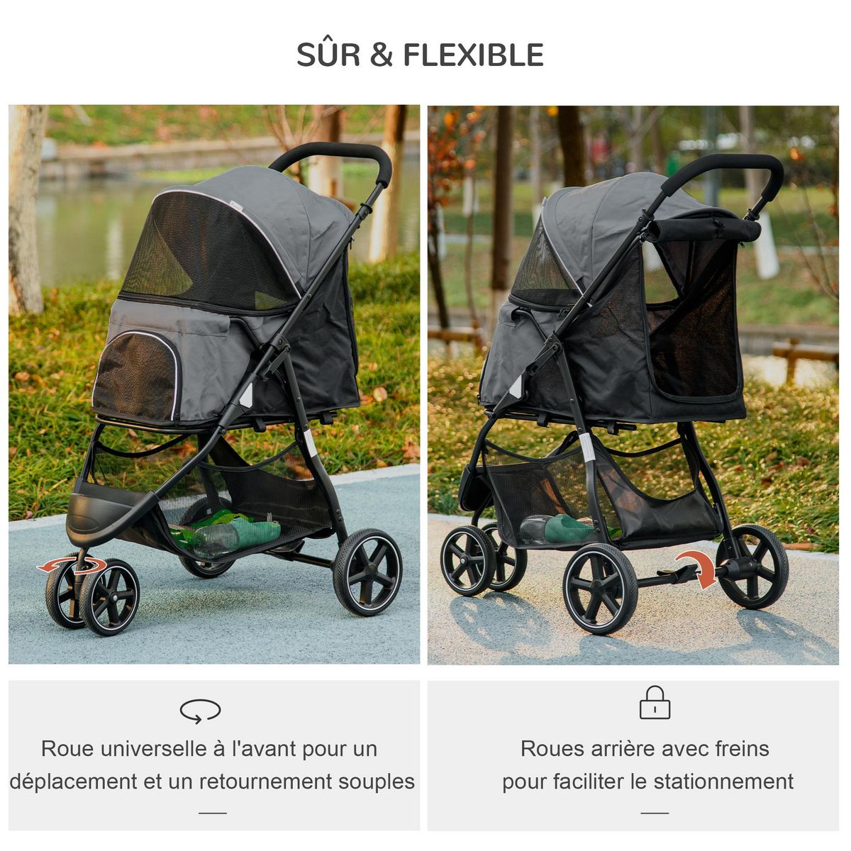 PAWHUT Poussette buggy pliable pour chien chat - 2 attaches, guidon réglable, panier - acier oxford gris
