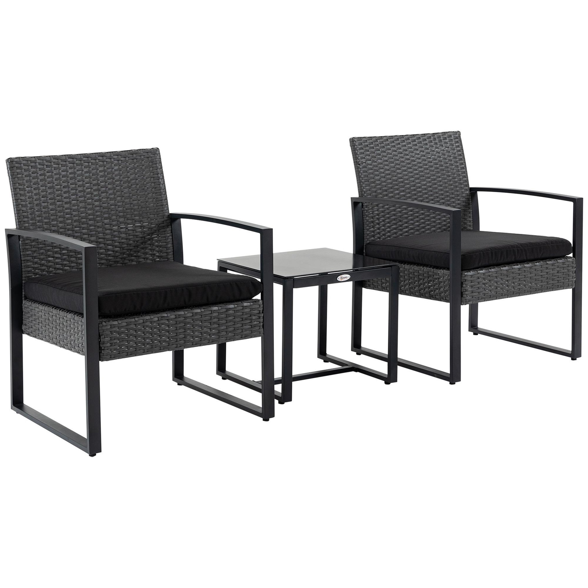 Voir la diapositive 1 : OUTSUNNY Salon de jardin 2 places 3 pièces 2 chaises avec coussins + table basse plateau verre trempé résine tressée aspect rotin noir