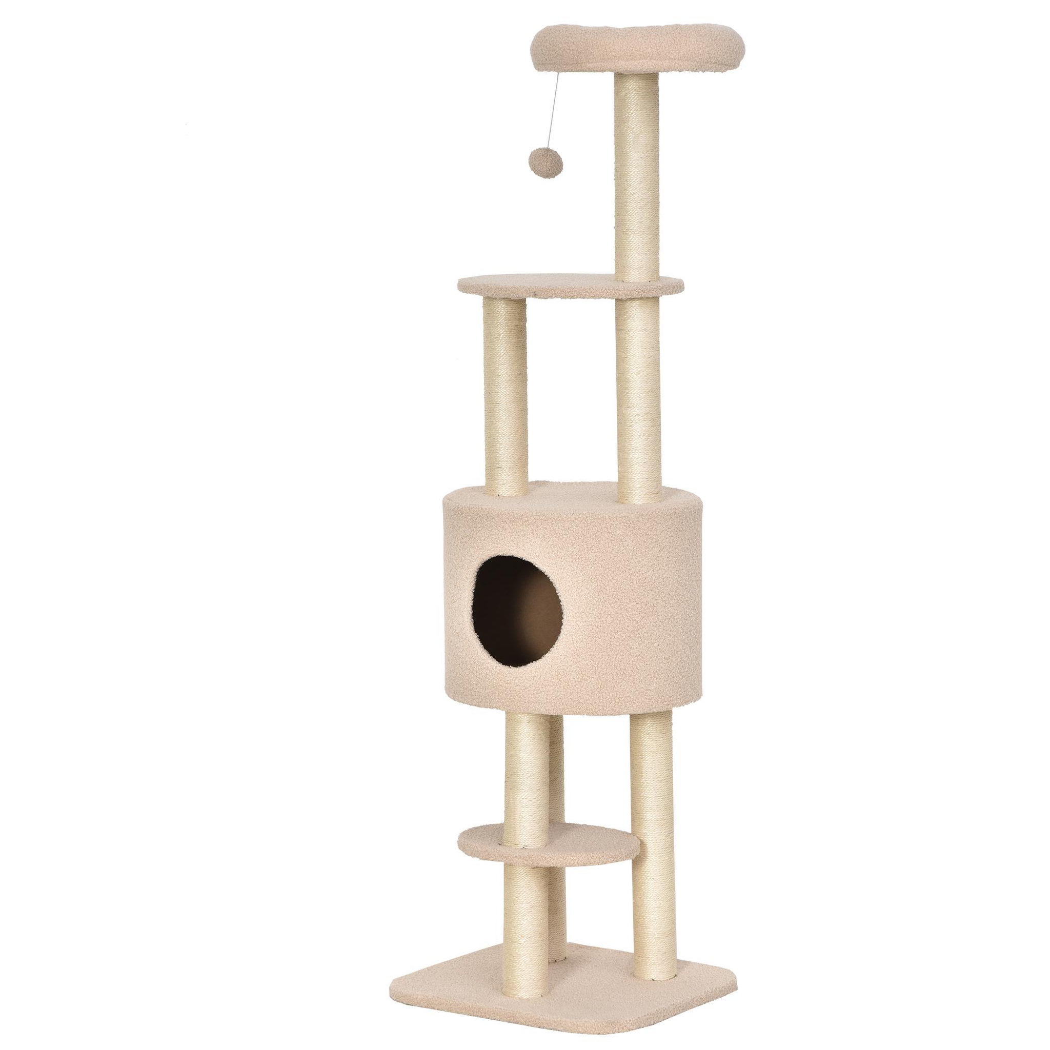 PAWHUT Pawhut arbre à chats avec griffoir niche poteaux peluche haute densité 45l x 40l x 148h cm beige