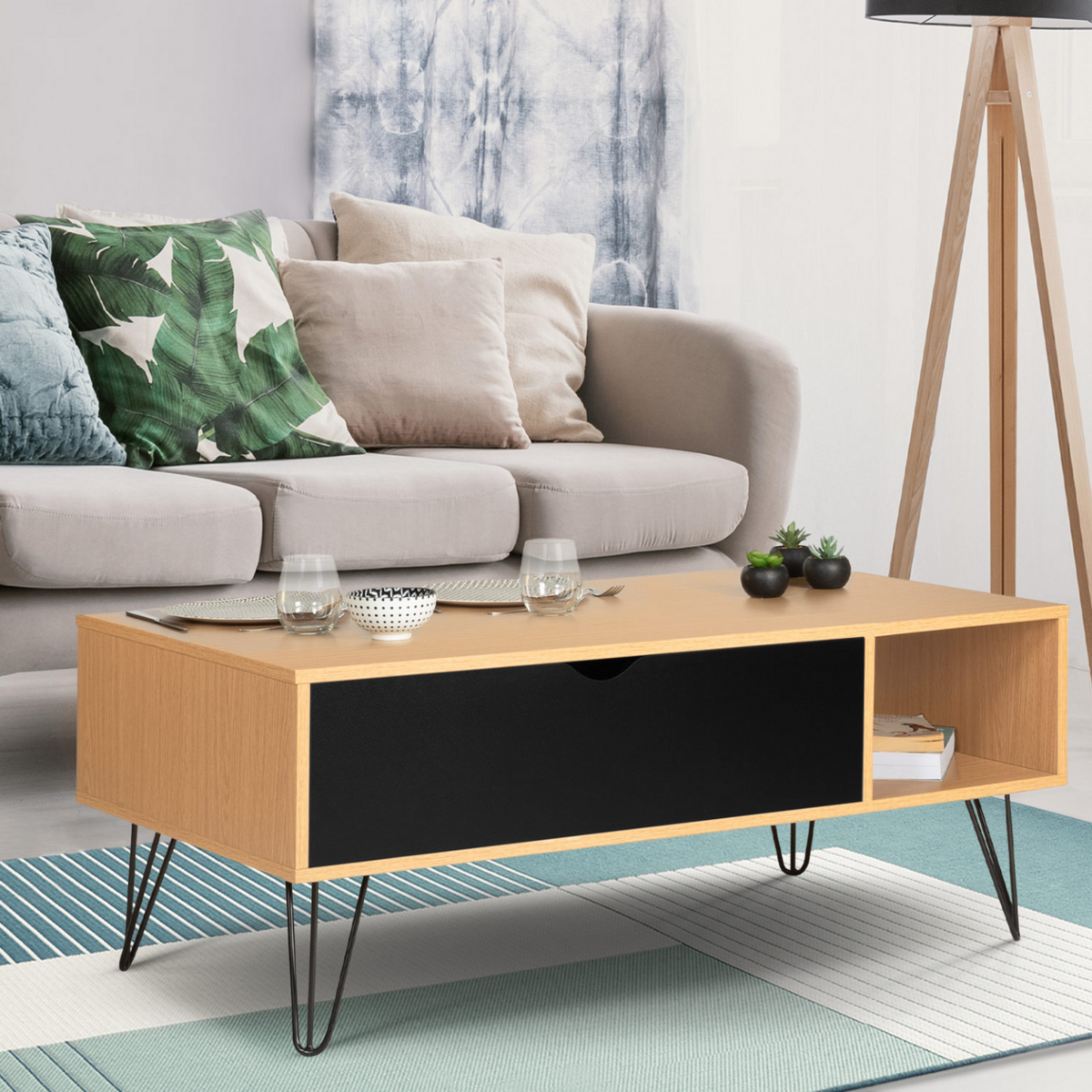 ID MARKET Table basse plateau relevable rectangulaire NOEMI bois pied épingle