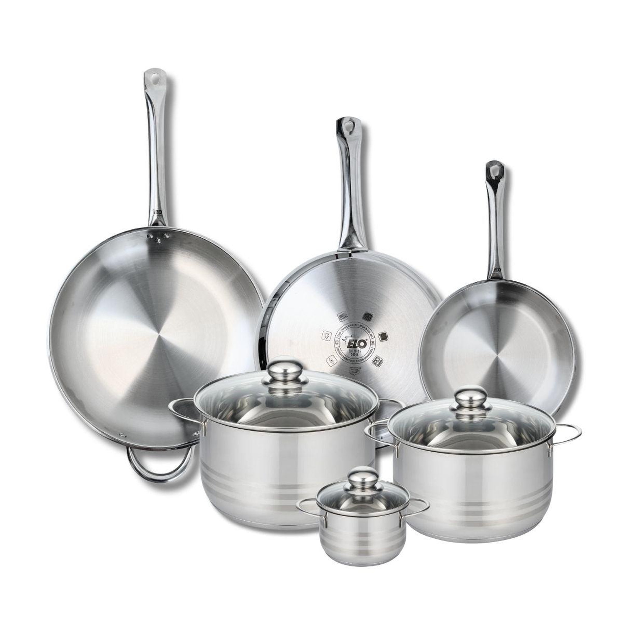 ELO Ensemble de 3 poêles de cuisson 24, 28 et 32 cm et 3 faitouts 12, 20 et 24 cm elo profi brillant