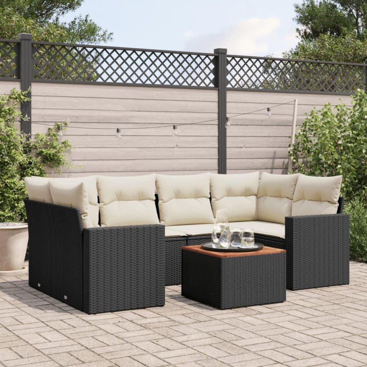 VIDAXL Salon de jardin 7 pcs avec coussins noir resine tressee