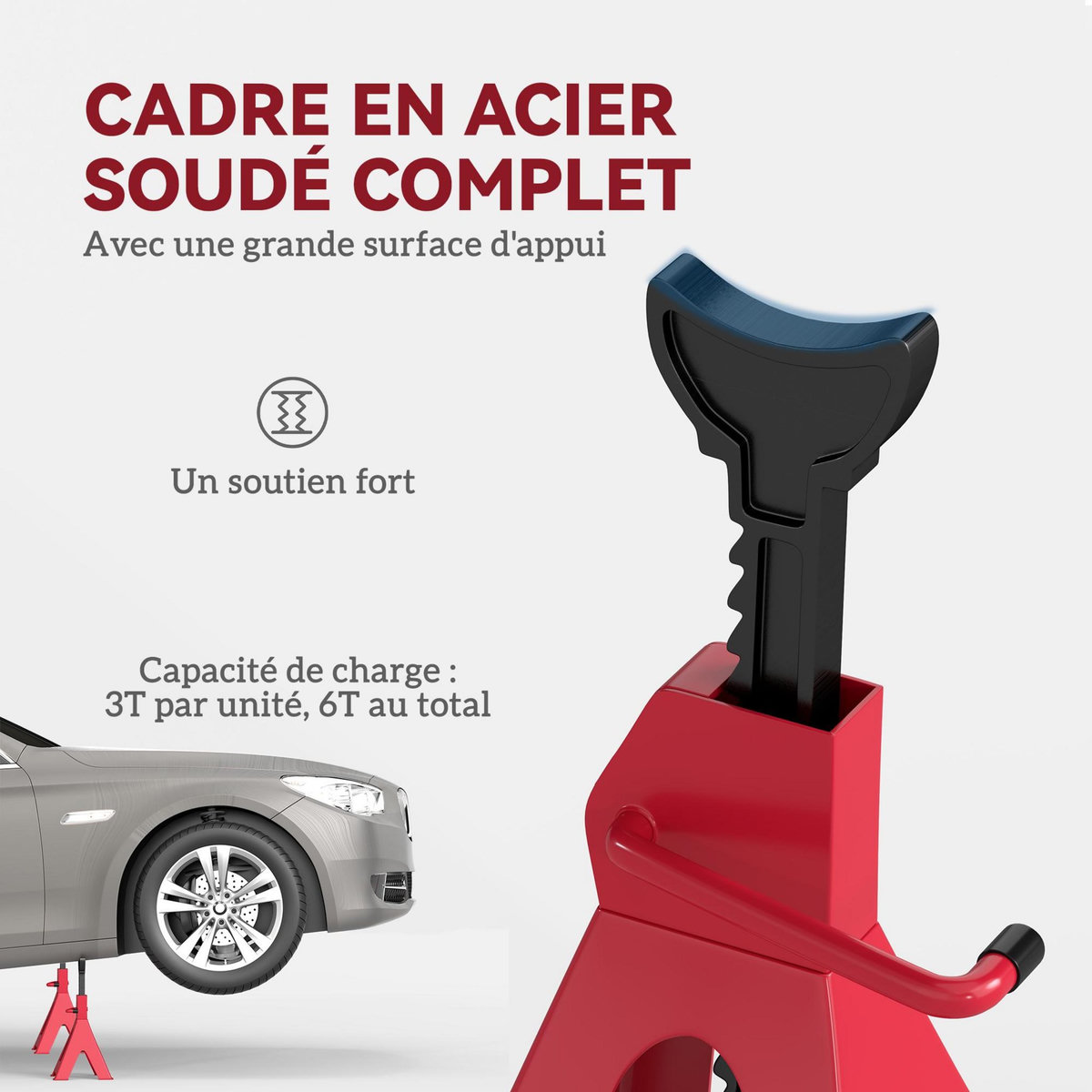 HOMCOM Lot de 2 chandelles voiture - chandelles de levage 3T hauteur réglable 290-425 mm - acier fonte rouge