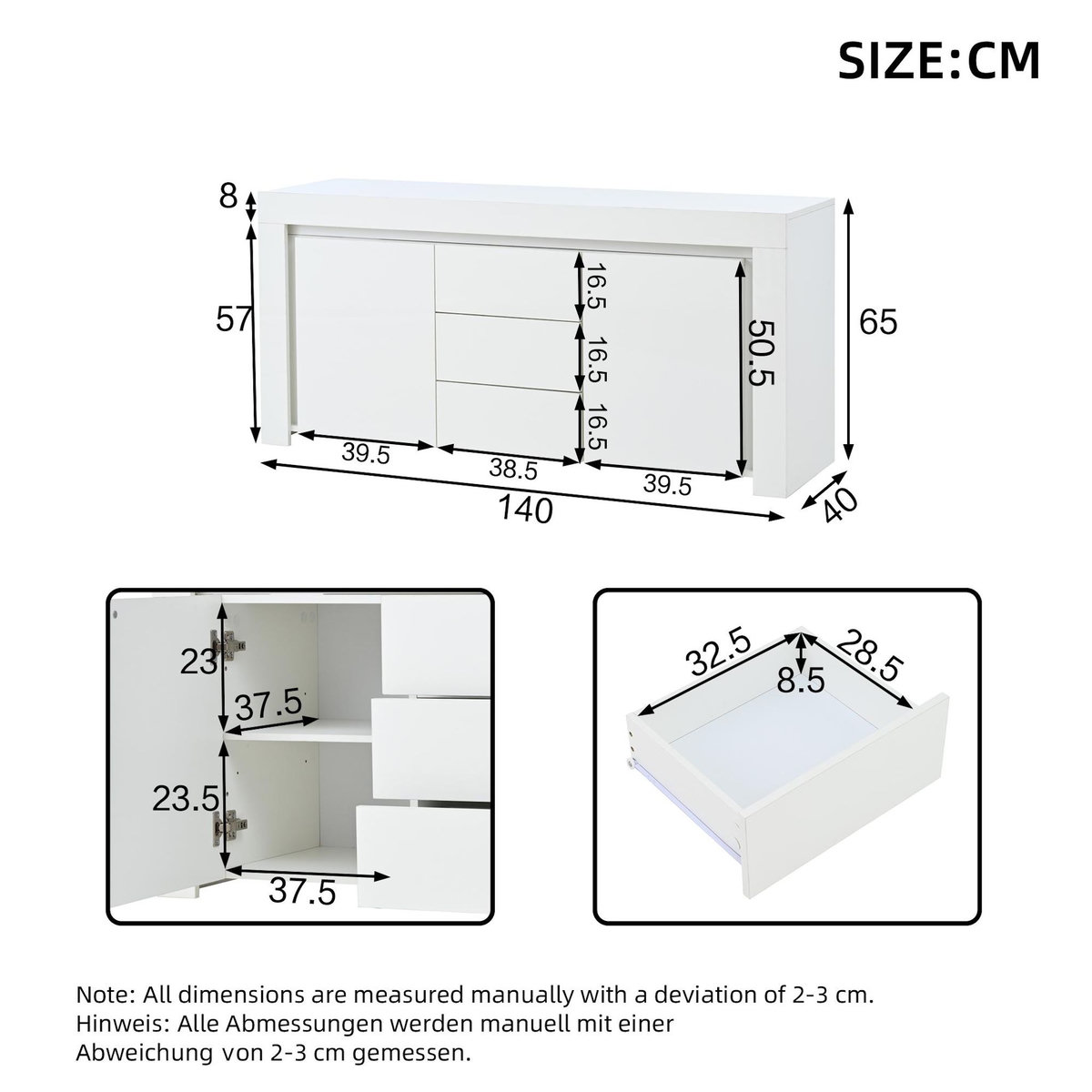 MERAX Buffet 2 porte(s) 3 tiroir(s) - 140 cm blanc led mdf