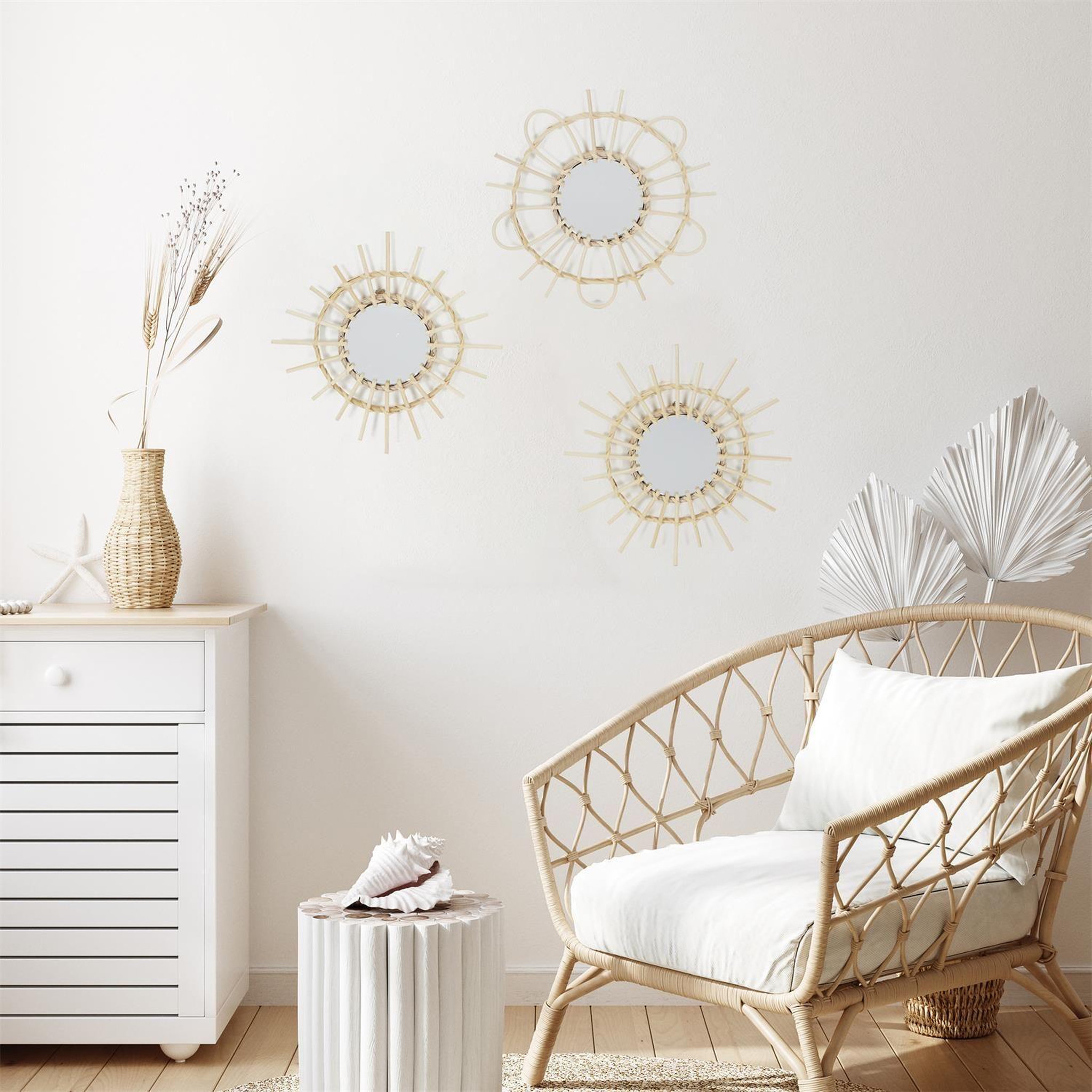 Voir la diapositive 2 : The Home Deco Factory Lot de 3 miroirs en rotin -  Diam 28 cm