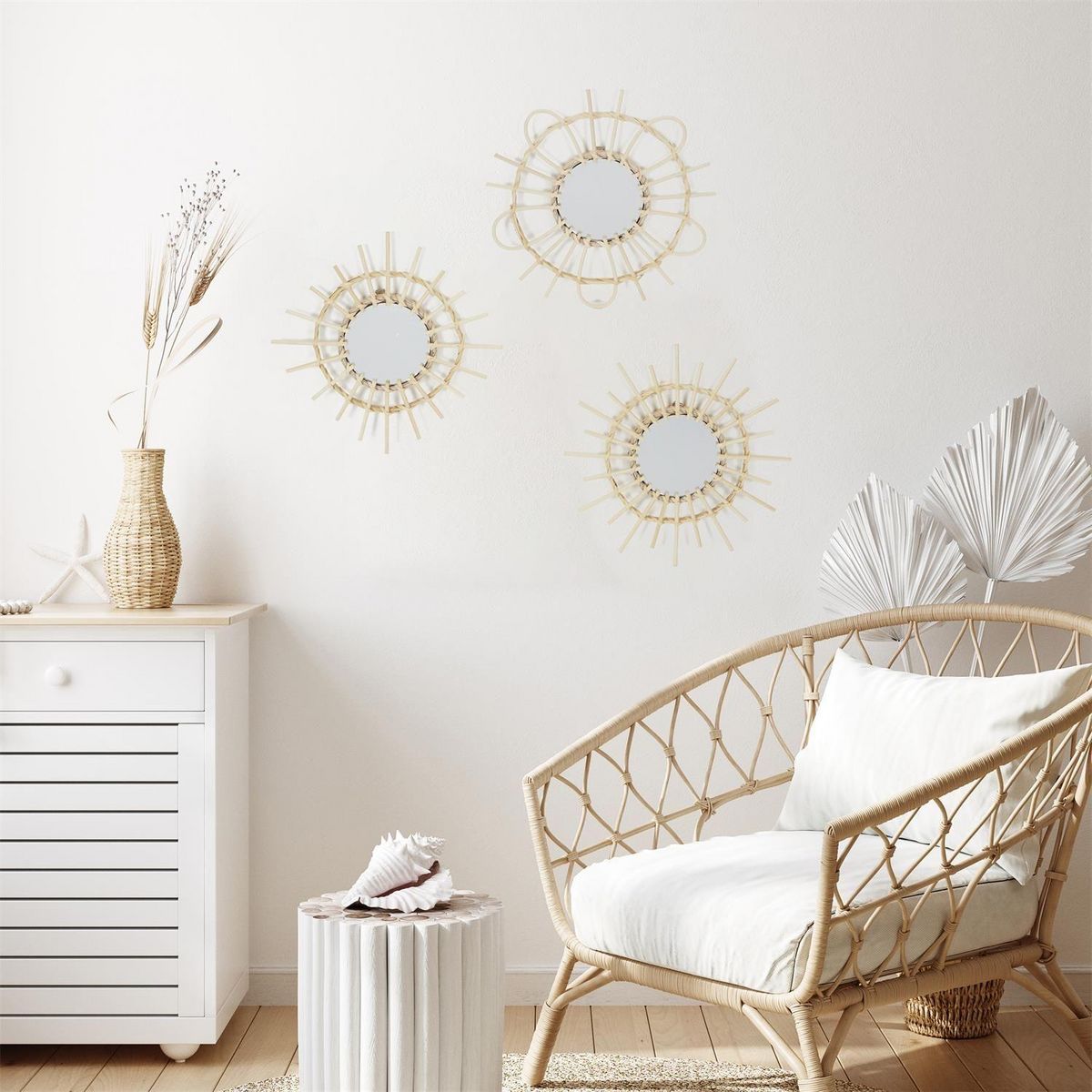 The Home Deco Factory Lot de 3 miroirs en rotin -  Diam 28 cm