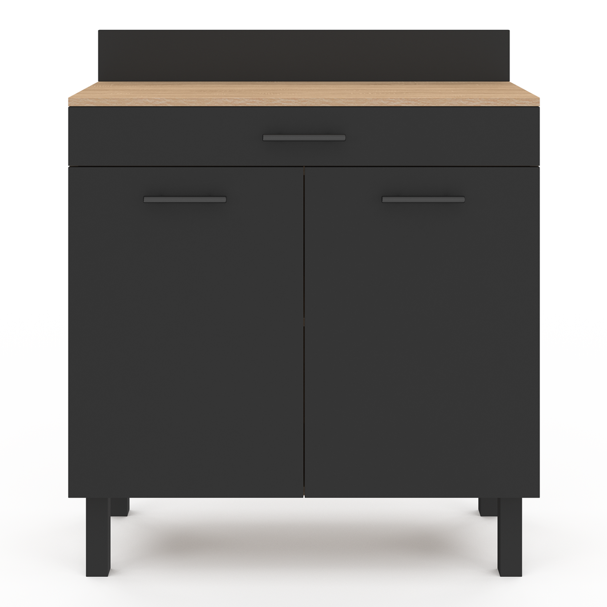 Voir la diapositive 3 : ID MARKET Buffet bas de cuisine 80 cm cina plan de travail h.83 cm 2 portes + tiroir façon hêtre et noir