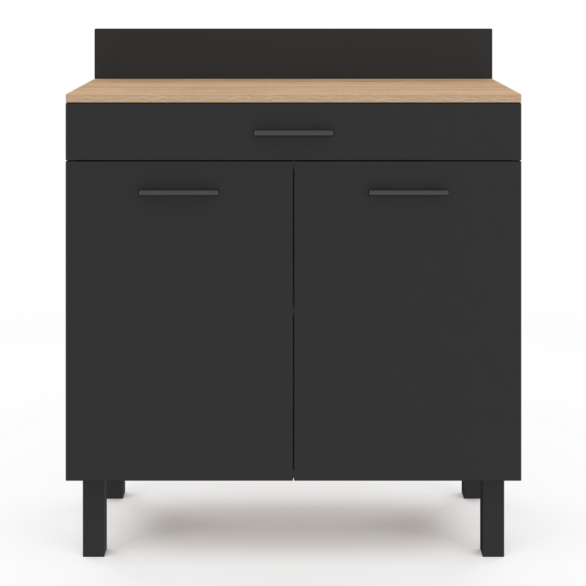 ID MARKET Buffet bas de cuisine 80 cm CINA plan de travail H.83 cm 2 portes + tiroir façon hêtre et noir