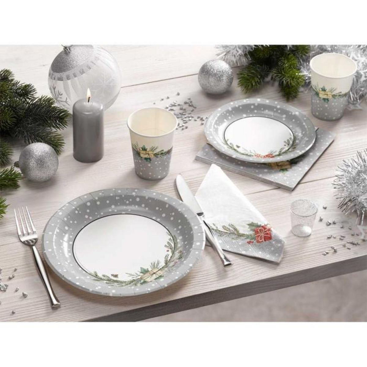 Paris Prix Lot de 6 Assiettes en Carton  Branche Sapin  18cm Gris