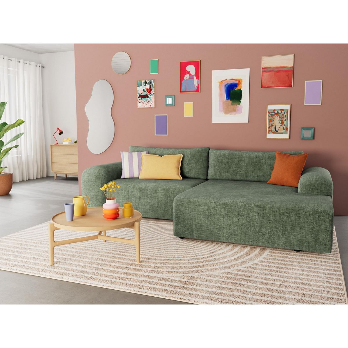 BEST MOBILIER Rebecca - canapé d'angle droit 4 places convertible avec coffre en velours texturé