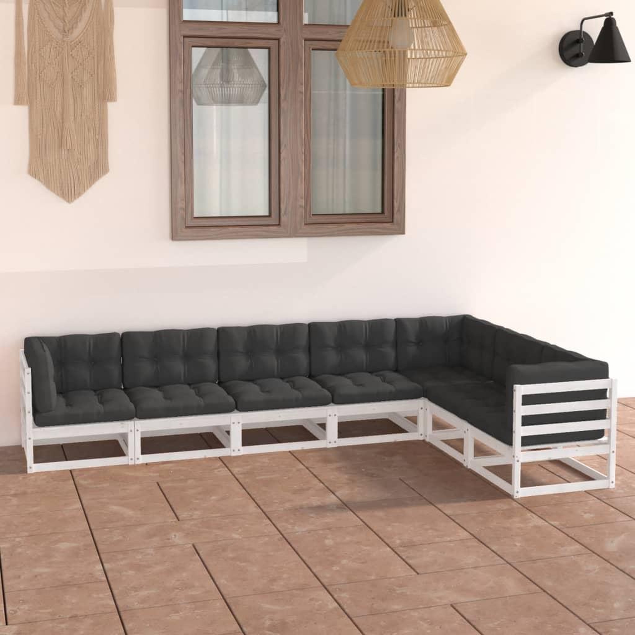 Voir la diapositive 1 : VIDAXL Salon de jardin 7 pcs avec coussins blanc bois de pin massif