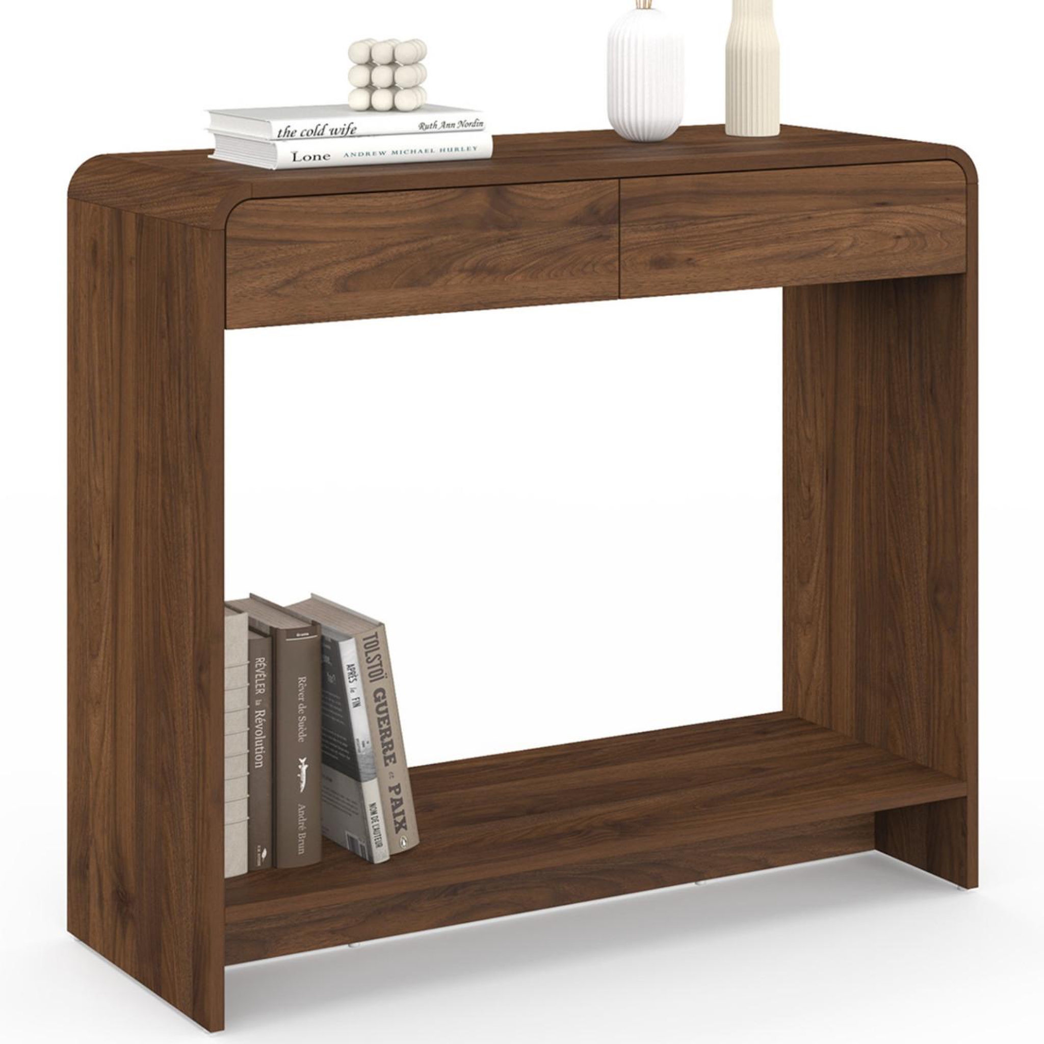 ID MARKET Console 2 tiroirs CAPUCINE effet noyer design arrondi
