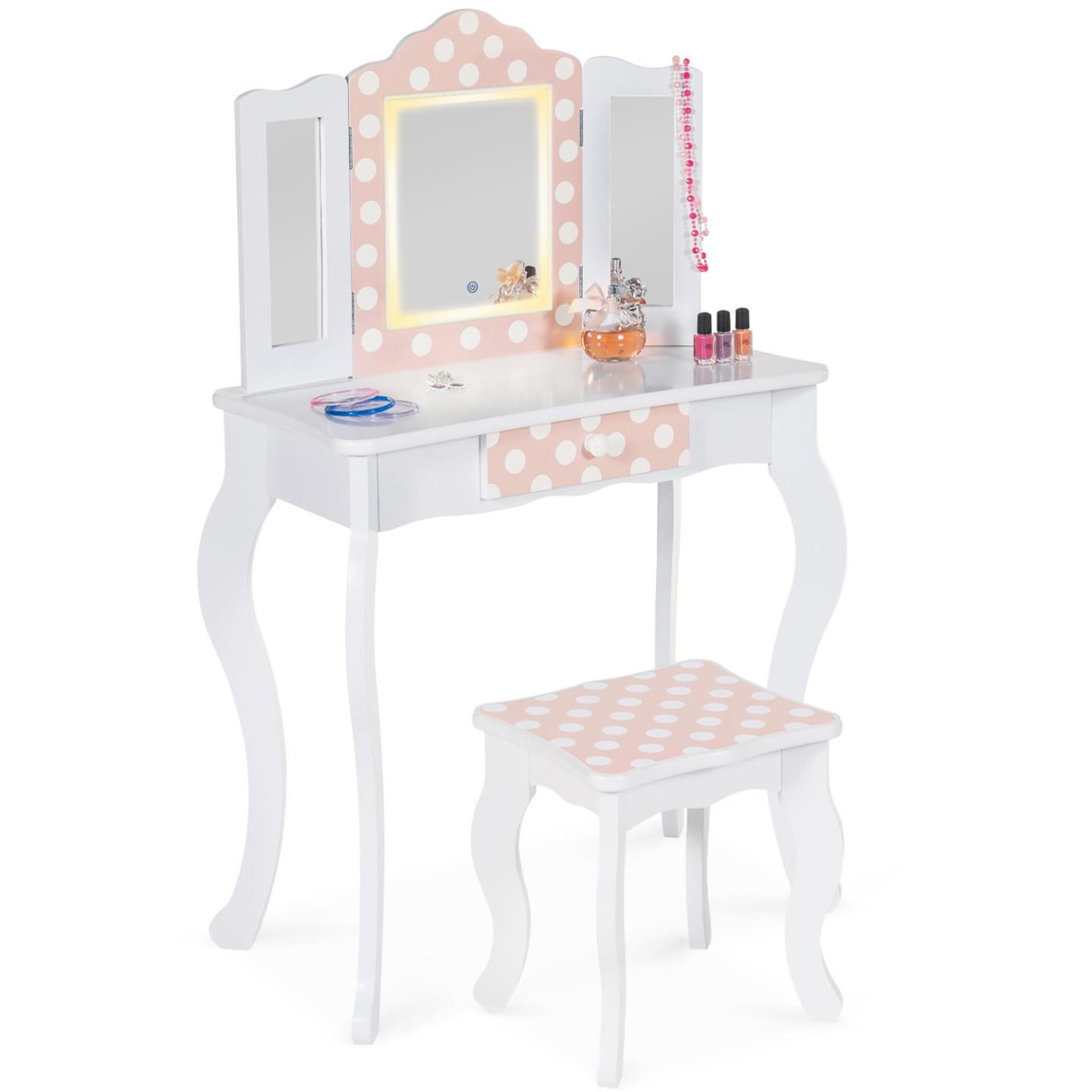 ID MARKET Coiffeuse enfant roza led blanche et rose avec 3 miroirs et tabouret